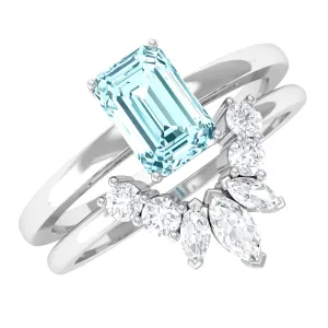 Octagon Cut Aquamarine Wedding Ring Set with Diamond