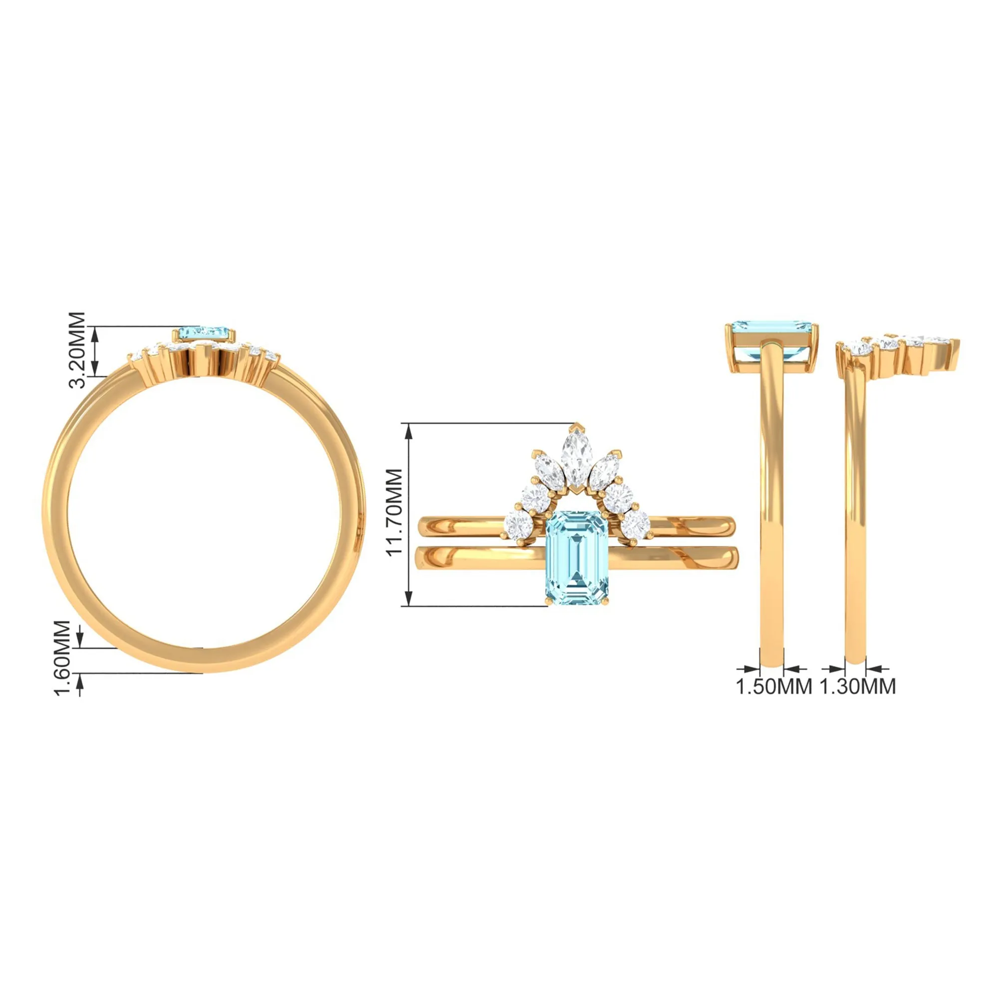 Octagon Cut Aquamarine Wedding Ring Set with Diamond