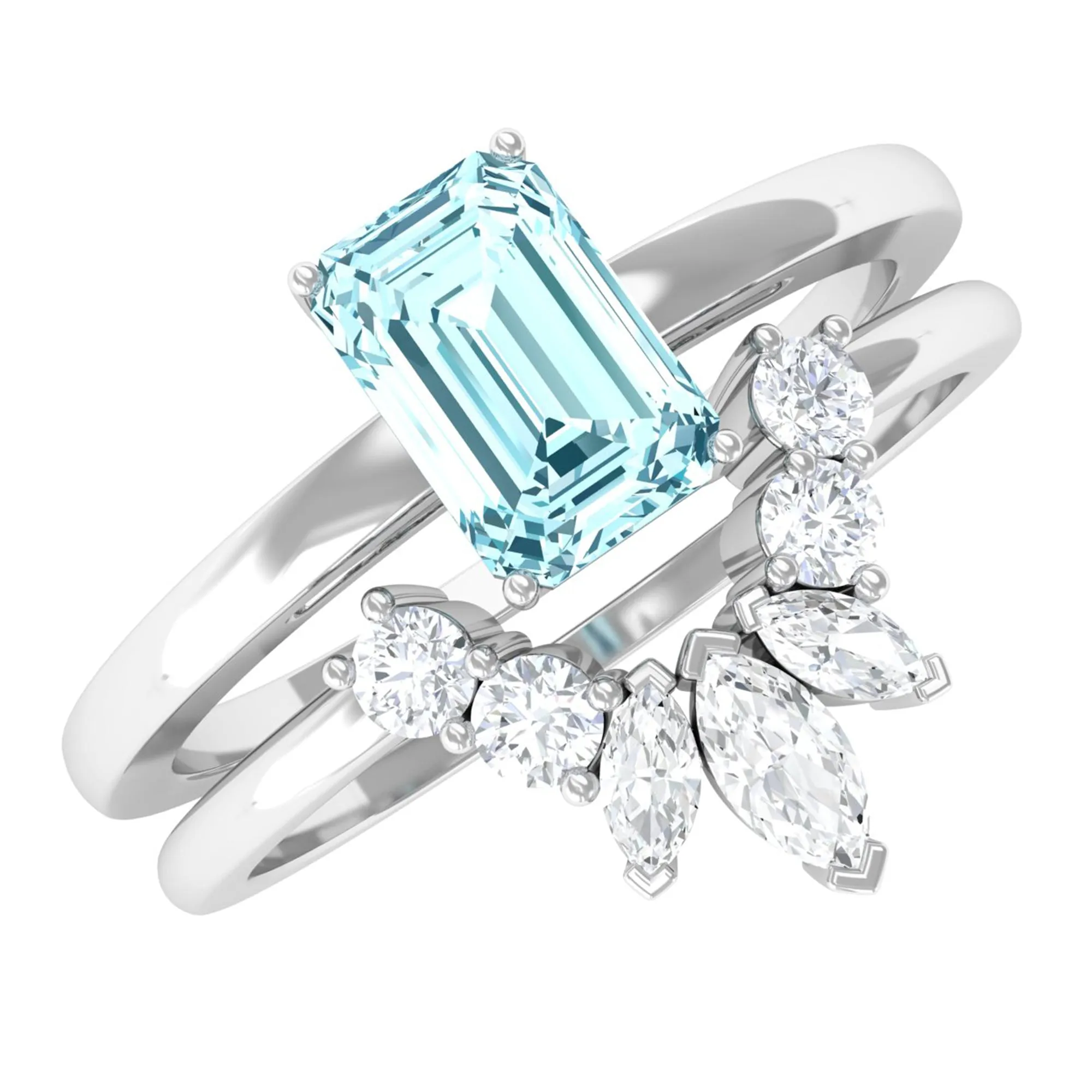 Octagon Cut Aquamarine Wedding Ring Set with Diamond