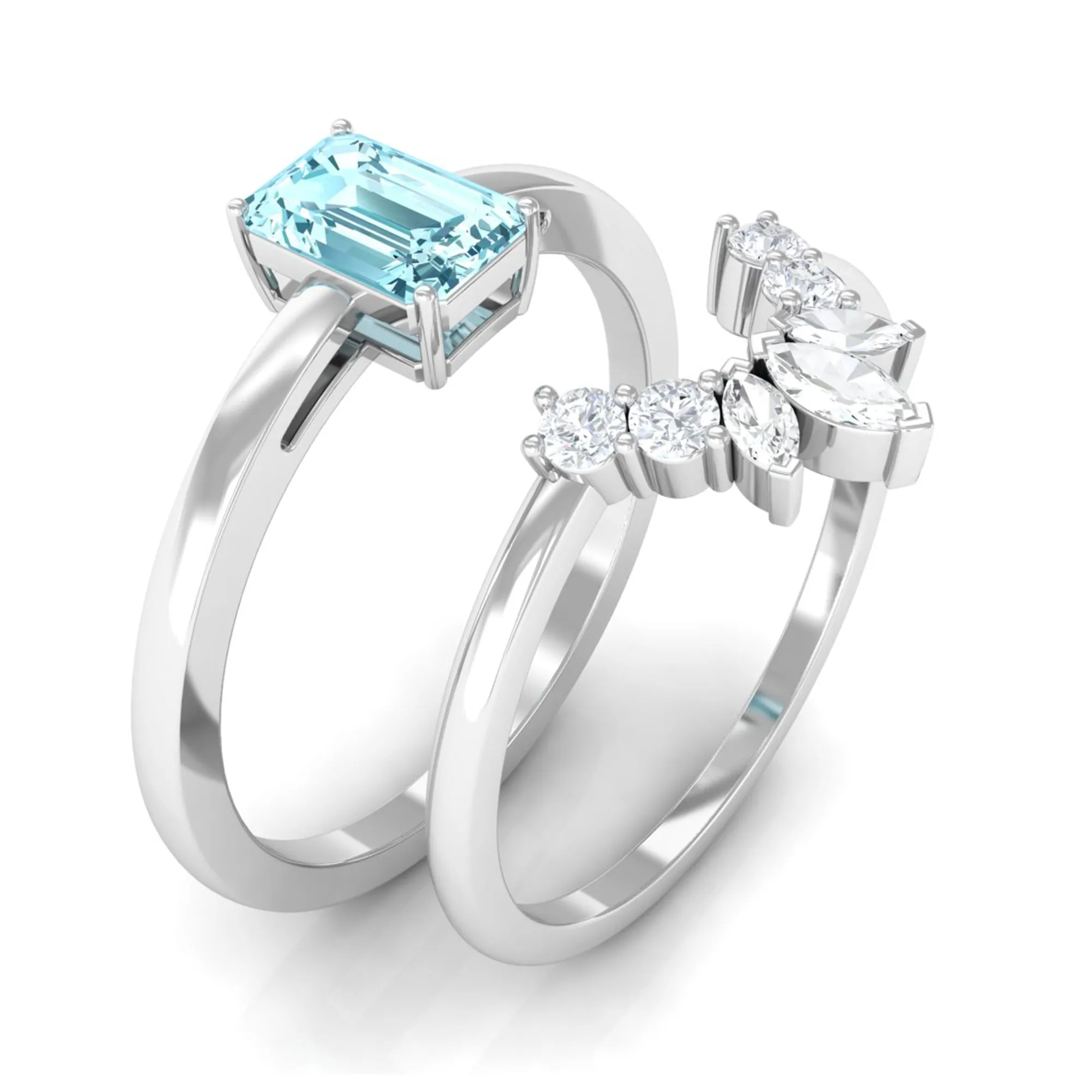 Octagon Cut Aquamarine Wedding Ring Set with Diamond