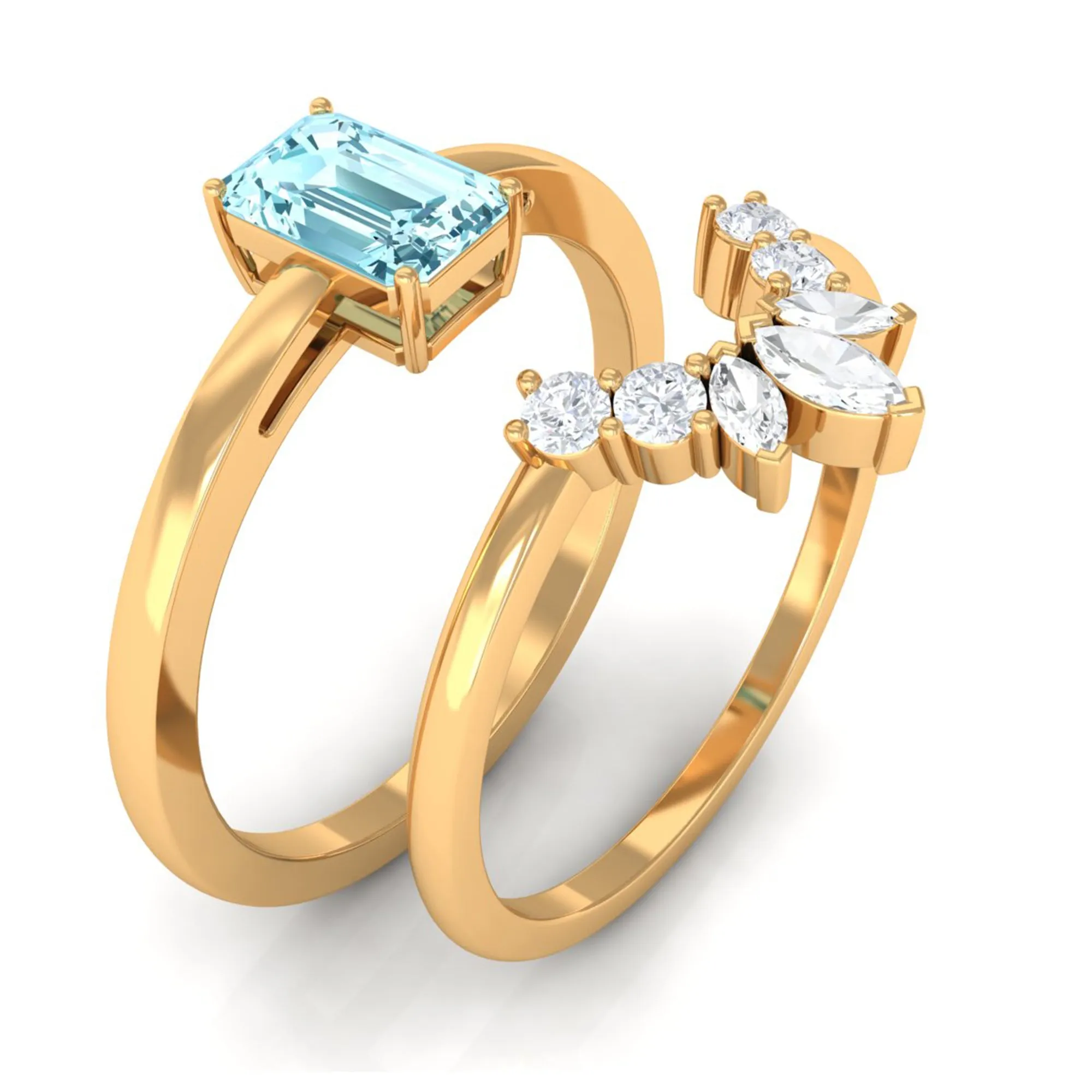 Octagon Cut Aquamarine Wedding Ring Set with Diamond