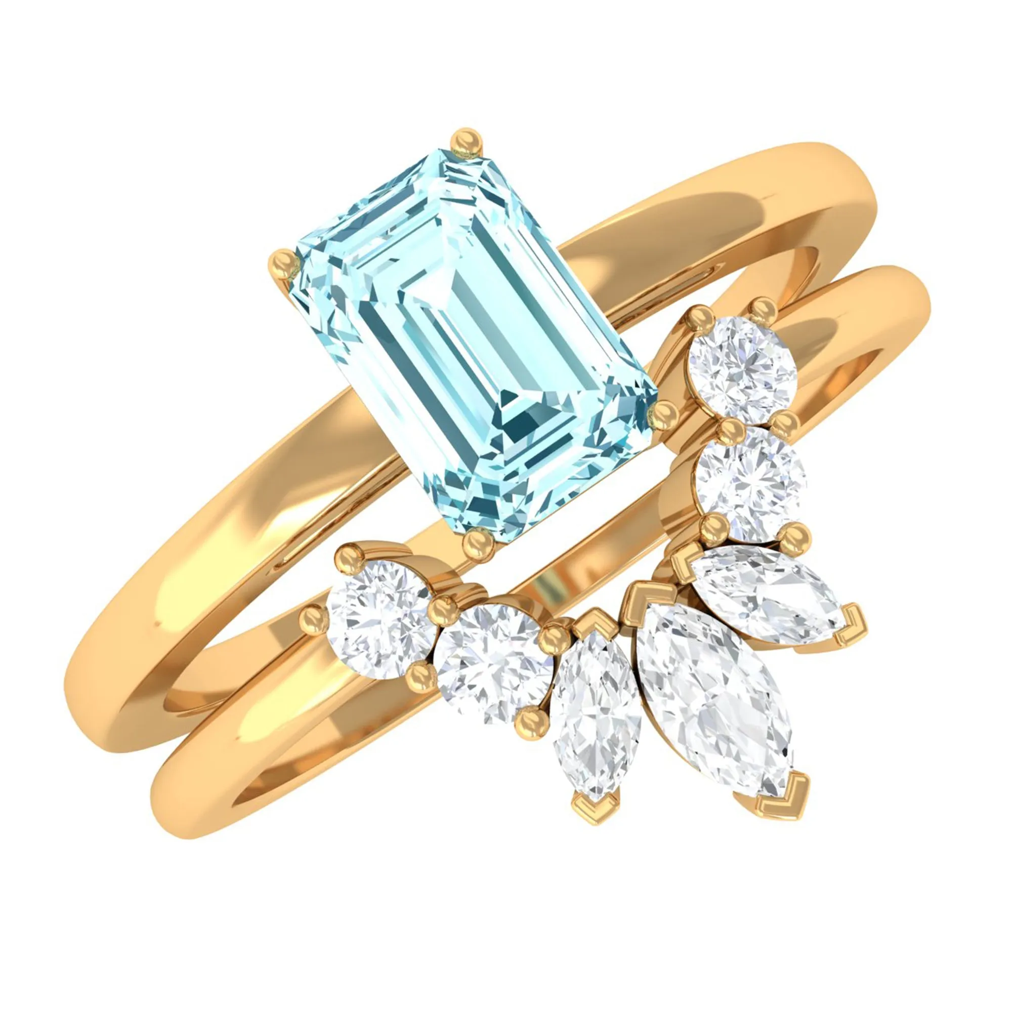 Octagon Cut Aquamarine Wedding Ring Set with Diamond