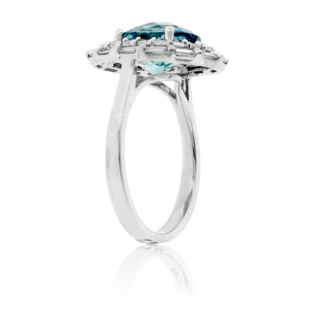 Oval-Cut Aquamarine with Unique Diamond Double Halo Ring