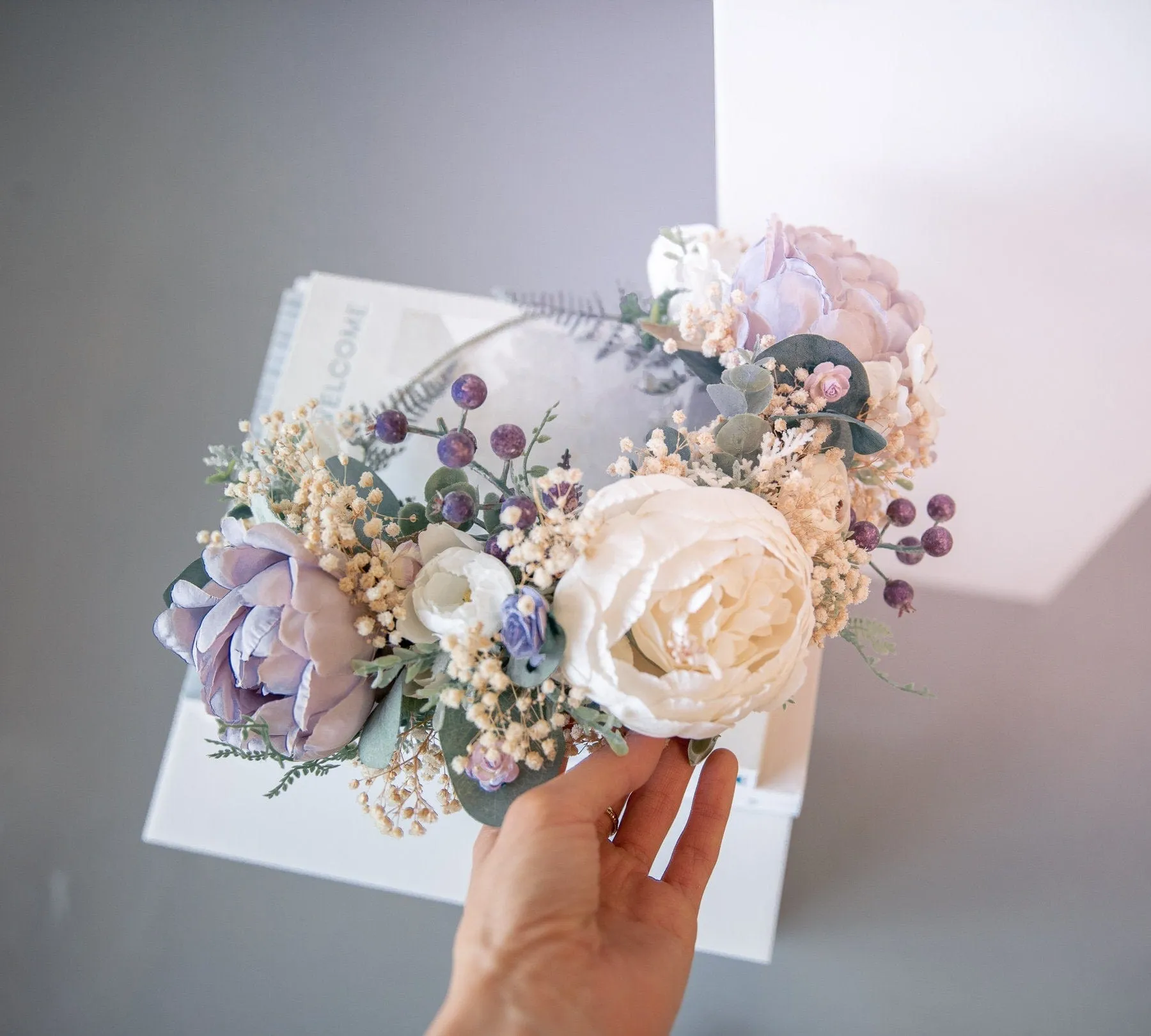 Pastel Boho Flower Crown / Boho Headpiece / Festival Crown / Bridal Crown with dried gypsophilas and artificial peonies