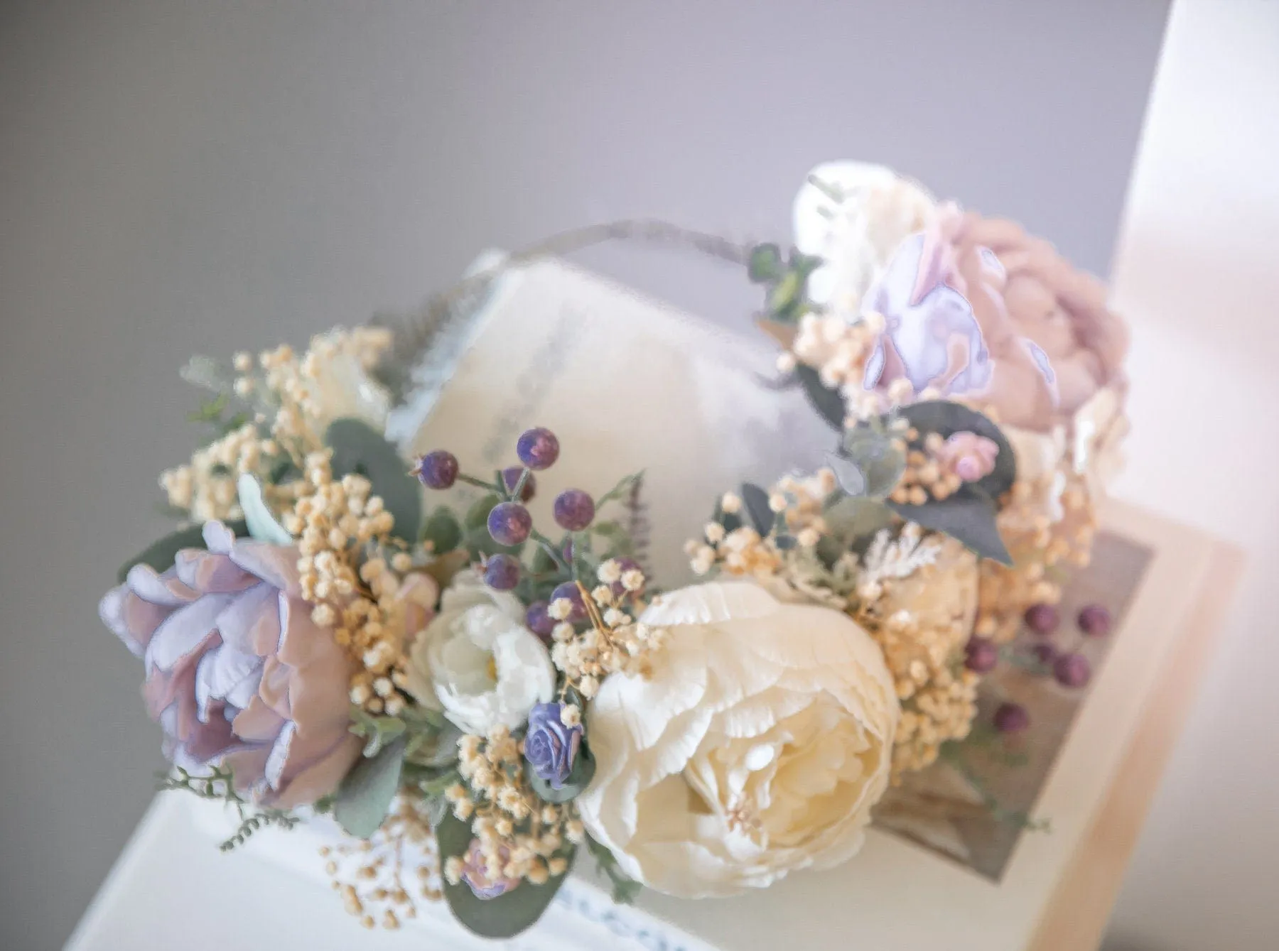 Pastel Boho Flower Crown / Boho Headpiece / Festival Crown / Bridal Crown with dried gypsophilas and artificial peonies