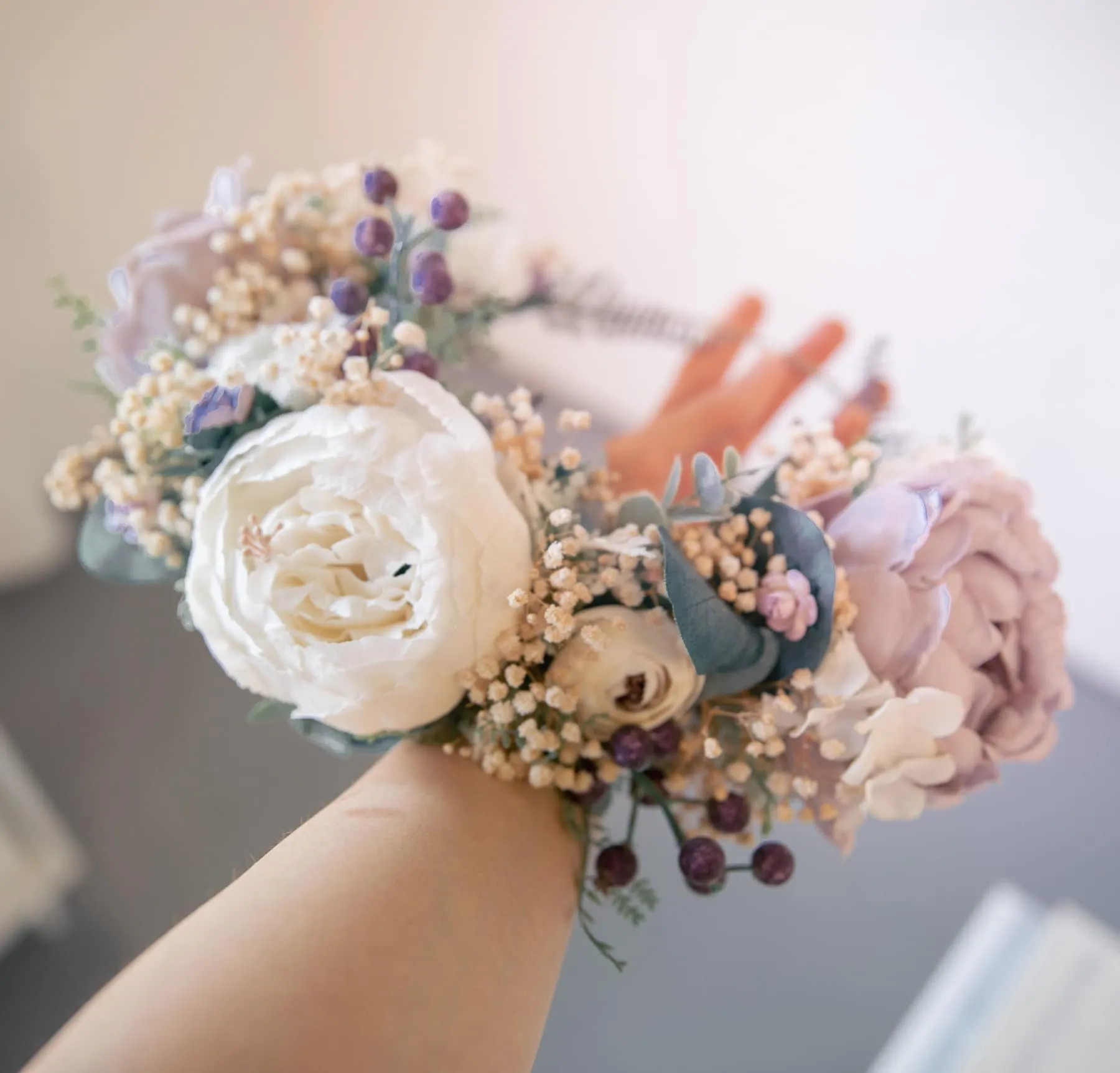 Pastel Boho Flower Crown / Boho Headpiece / Festival Crown / Bridal Crown with dried gypsophilas and artificial peonies