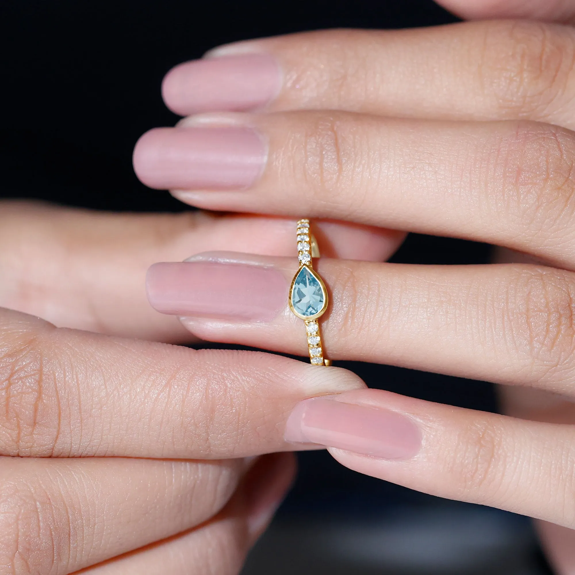 Pear Cut Aquamarine East West Promise Ring with Diamond