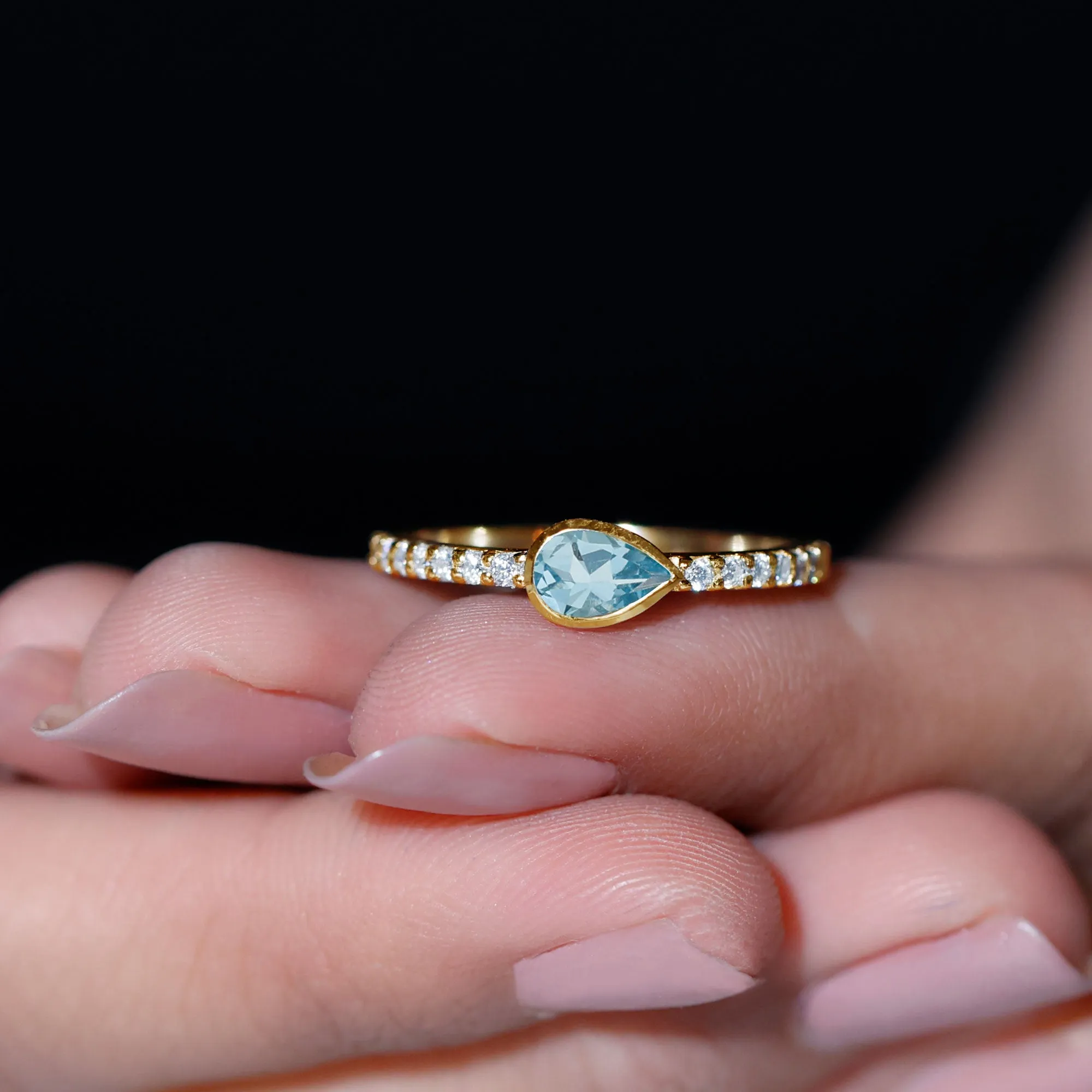 Pear Cut Aquamarine East West Promise Ring with Diamond