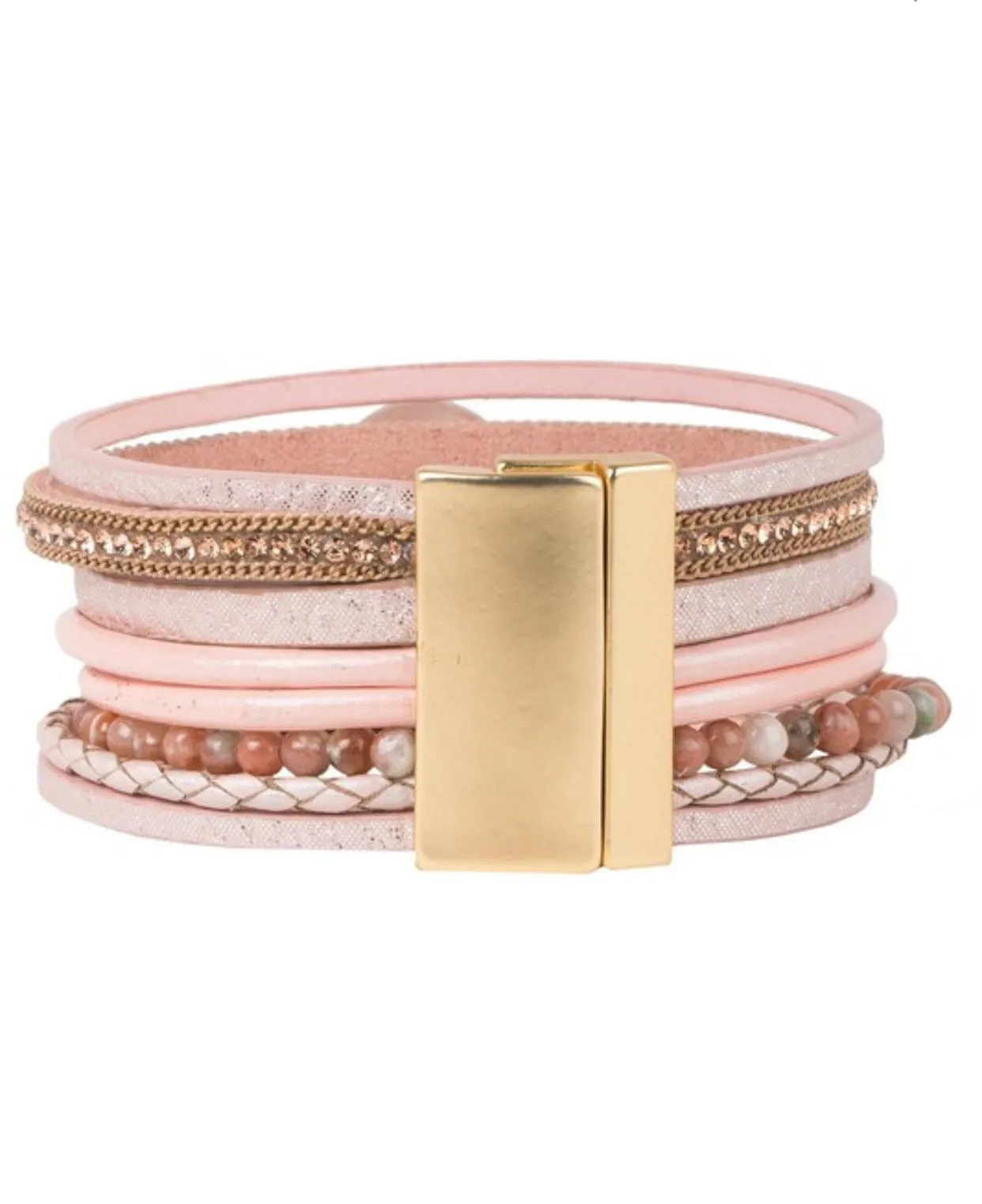 Pink Beaded Vegan Leather Bracelet