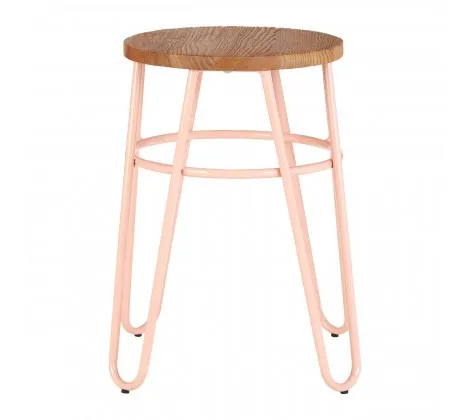 Pink Metal & Elm Wood Hairpin Stool