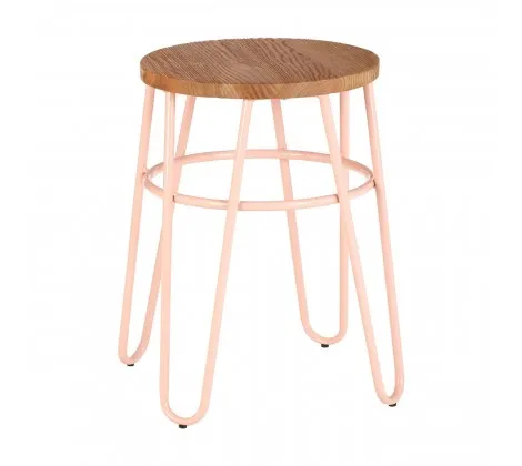 Pink Metal & Elm Wood Hairpin Stool