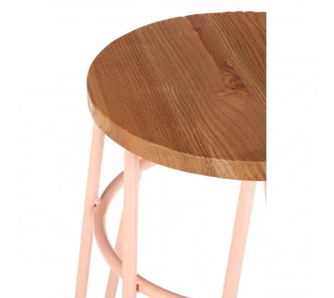 Pink Metal & Elm Wood Hairpin Stool