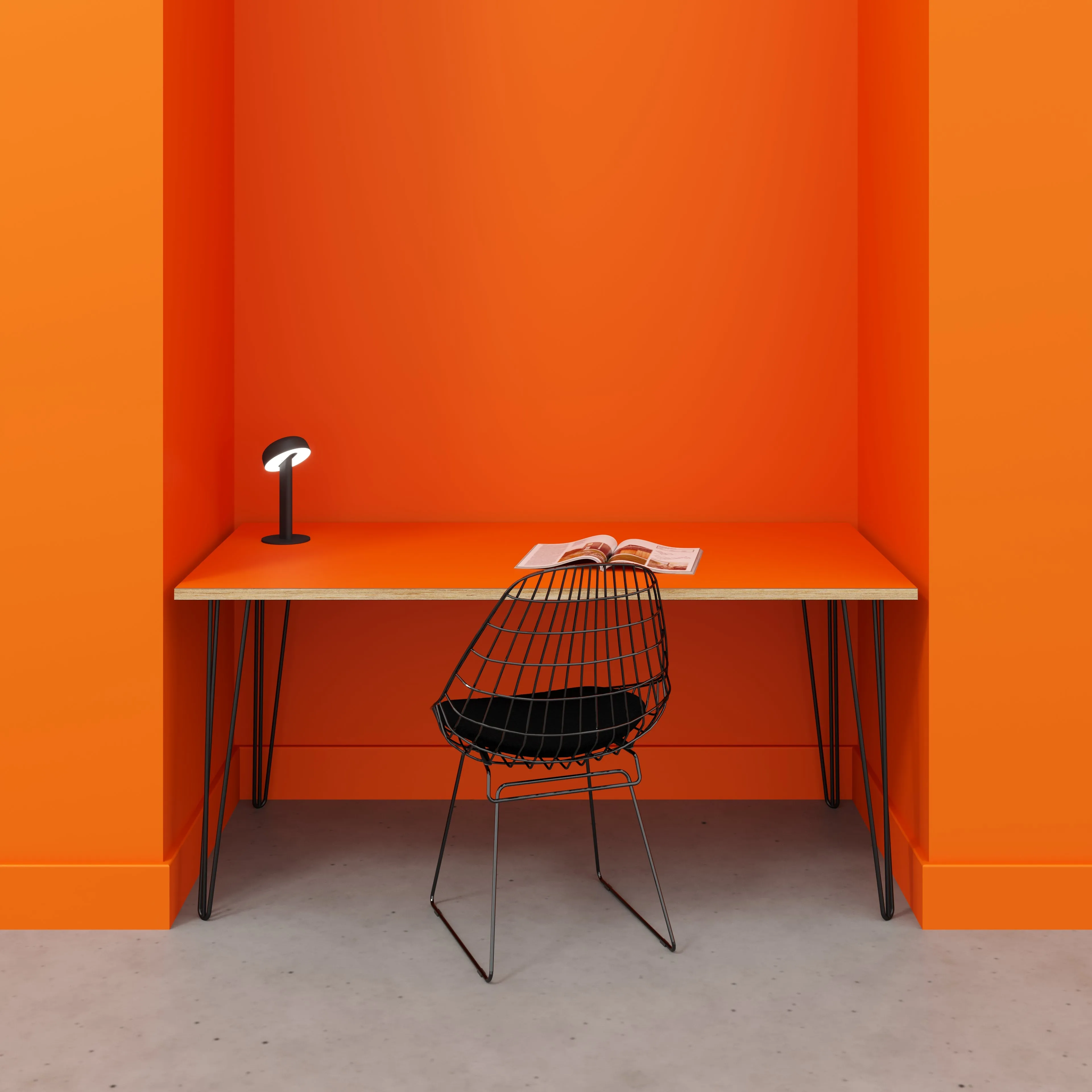 Plywood Desk with Black Hairpin Legs - Formica Levante Orange - 1600(w) x 800(d) x 735(h)