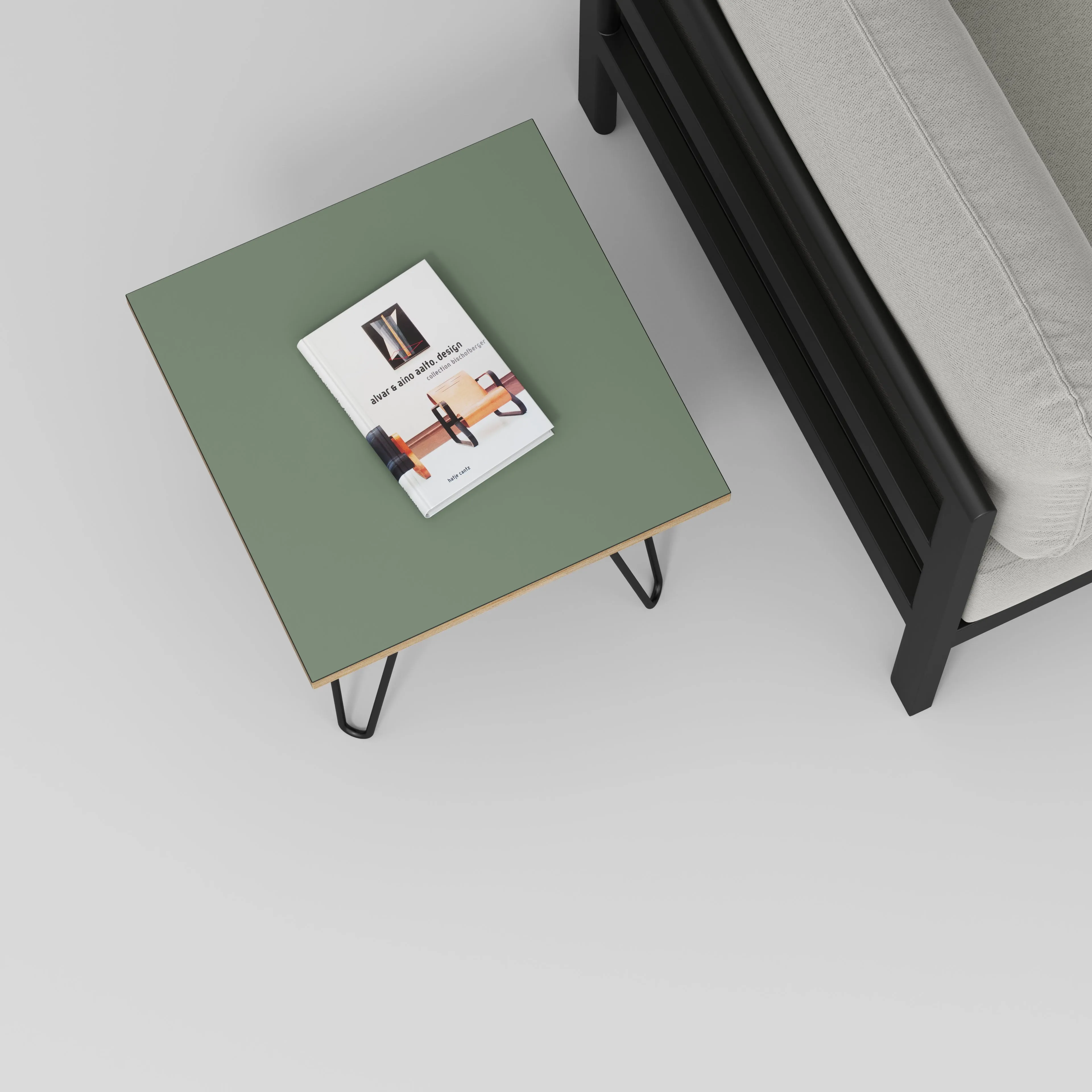 Plywood Side Table with Black Hairpin Legs - Formica Green Slate - 500(w) x 500(d) x 425(h)