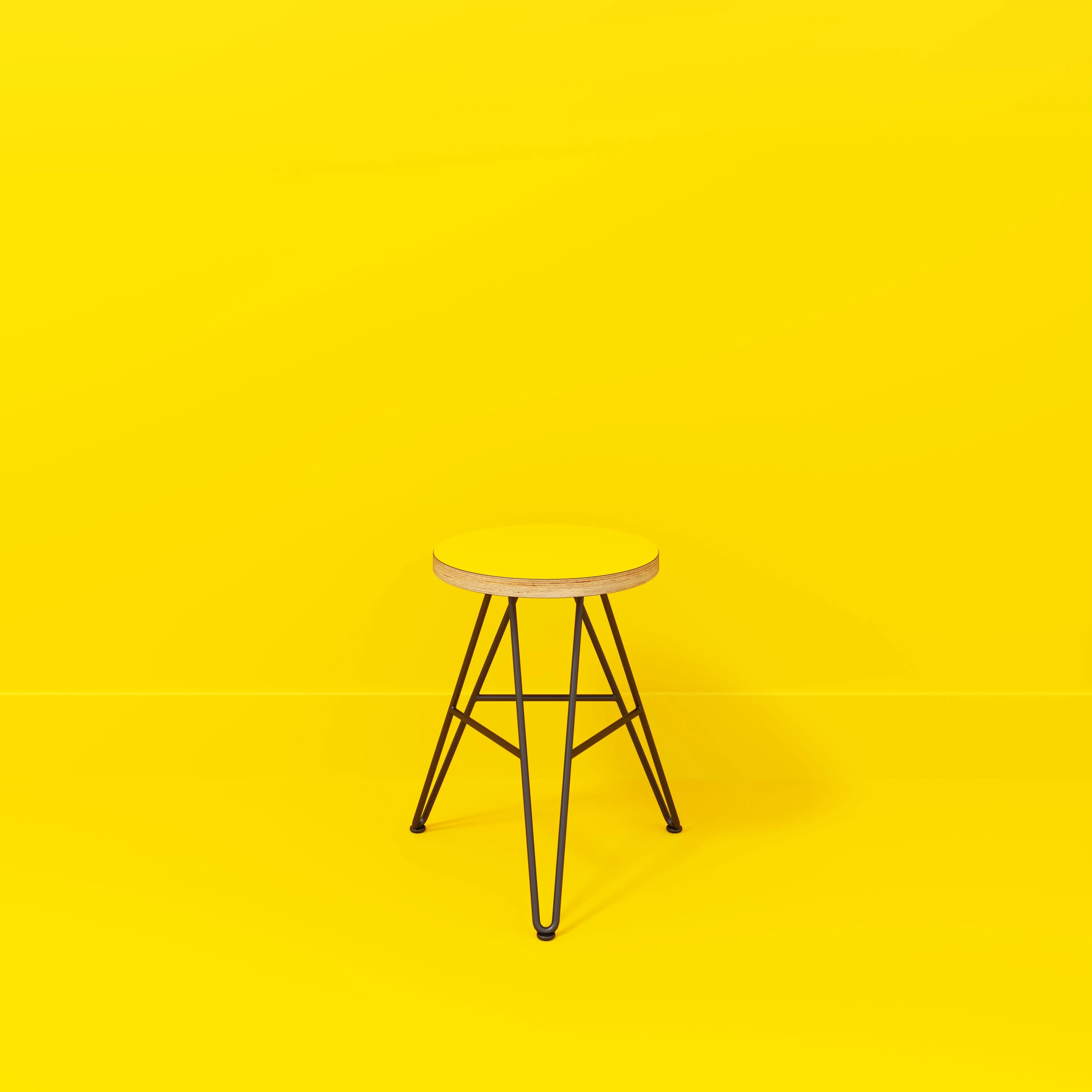 Plywood Stool with Black Hairpin Base - Formica Chrome Yellow