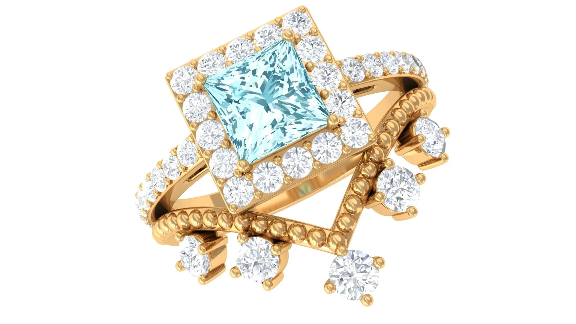 Princess Cut Aquamarine and Moissanite Bridal Ring Set with Beaded Details