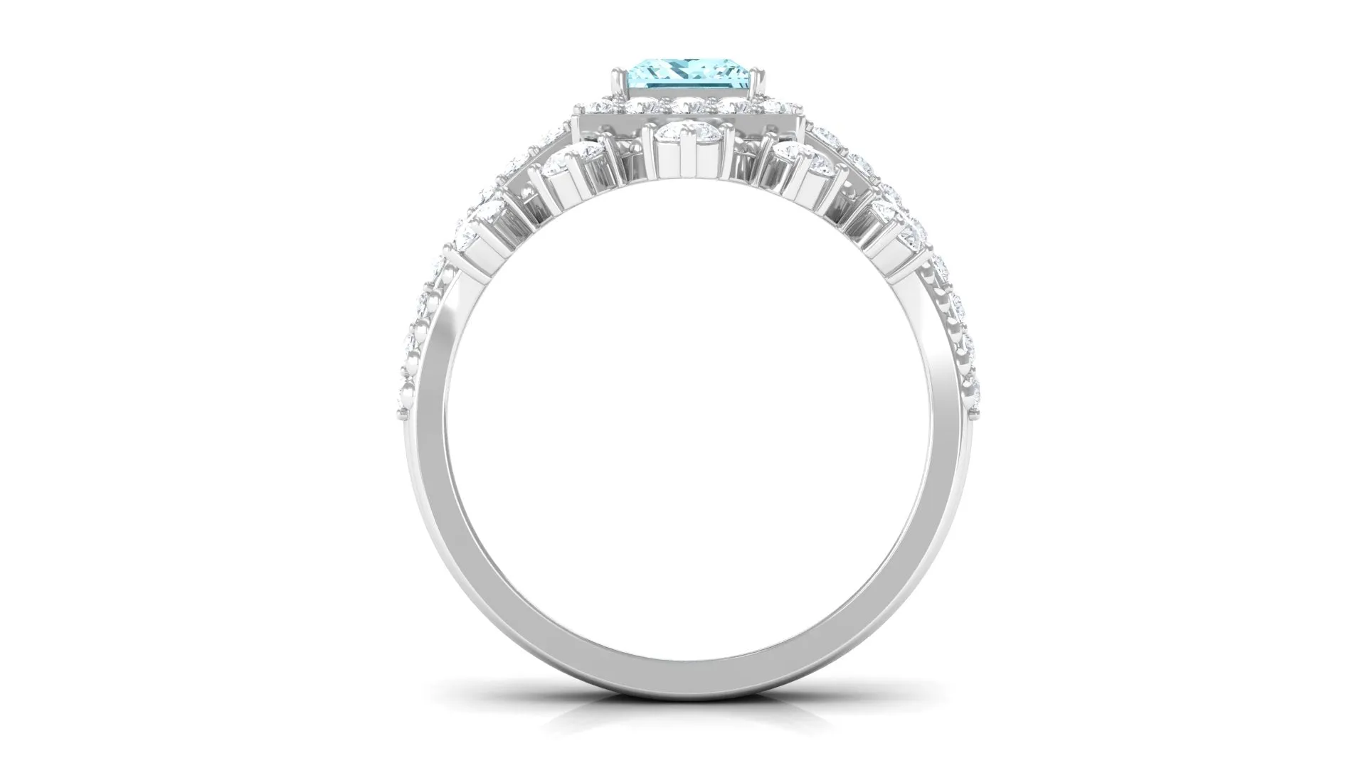 Princess Cut Aquamarine and Moissanite Bridal Ring Set with Beaded Details