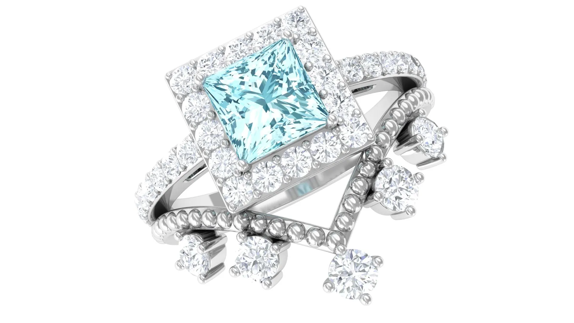 Princess Cut Aquamarine and Moissanite Bridal Ring Set with Beaded Details