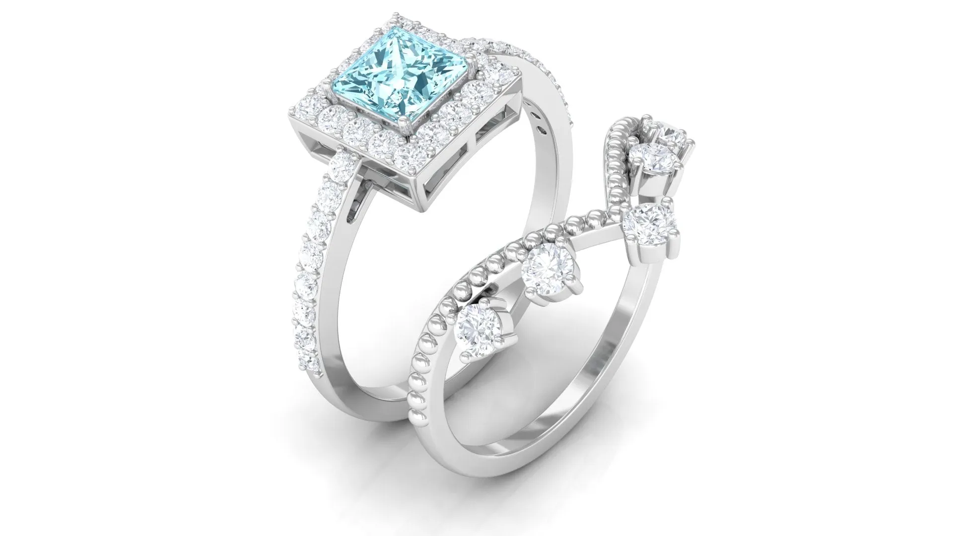 Princess Cut Aquamarine and Moissanite Bridal Ring Set with Beaded Details