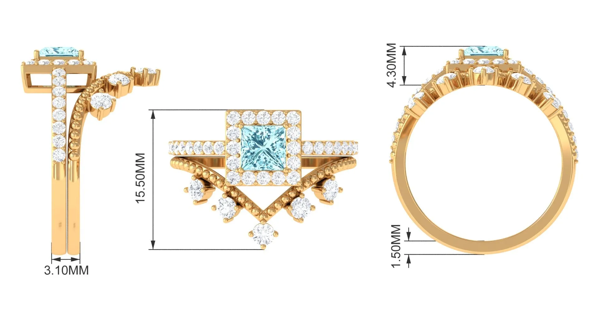 Princess Cut Aquamarine and Moissanite Bridal Ring Set with Beaded Details