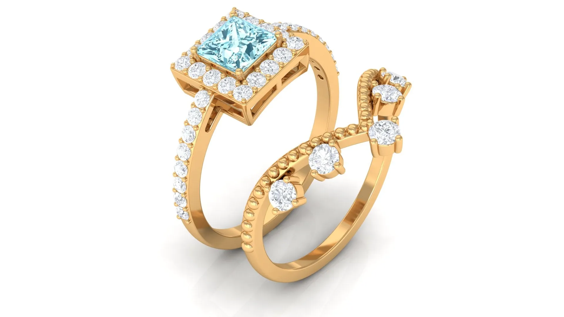 Princess Cut Aquamarine and Moissanite Bridal Ring Set with Beaded Details