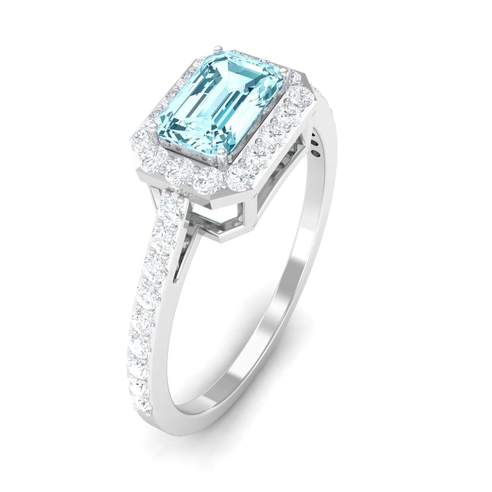 Real Aquamarine Engagement Ring with Diamond Halo