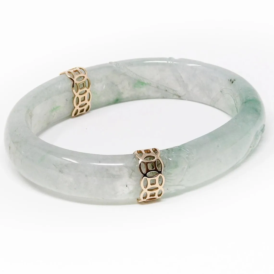 RealJade® Classic Bangle 18k Yellow Gold & Genuine Burmese Ice Jadeite Jade Bangle Bracelet (high quality ice jade) 55mm #66