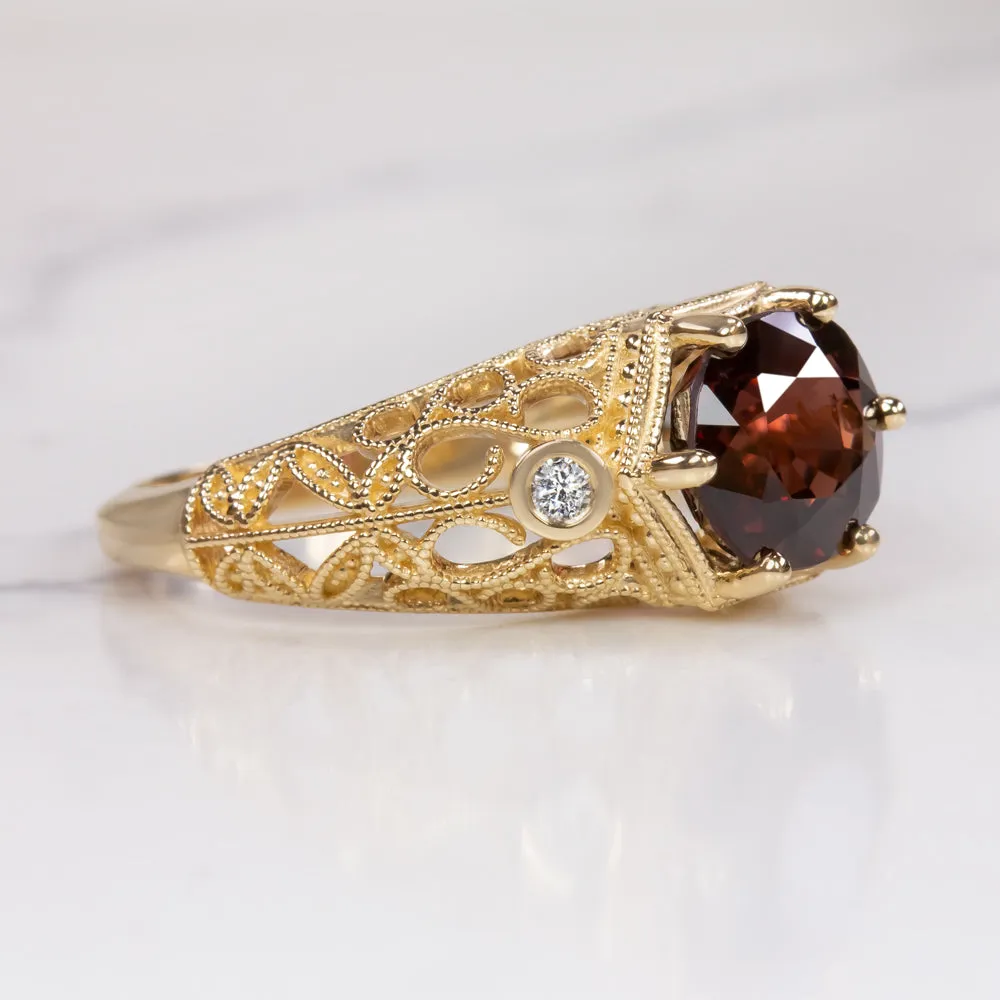 RED SPINEL DIAMOND COCKTAIL RING VINTAGE STYLE YELLOW GOLD FILIGREE ROUND CUT