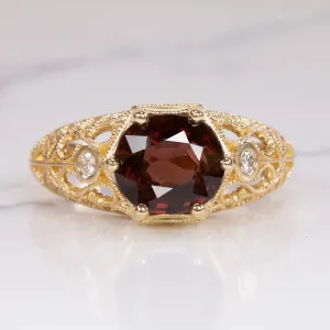 RED SPINEL DIAMOND COCKTAIL RING VINTAGE STYLE YELLOW GOLD FILIGREE ROUND CUT