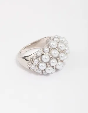 Rhodium Domed Pearl Cocktail Ring