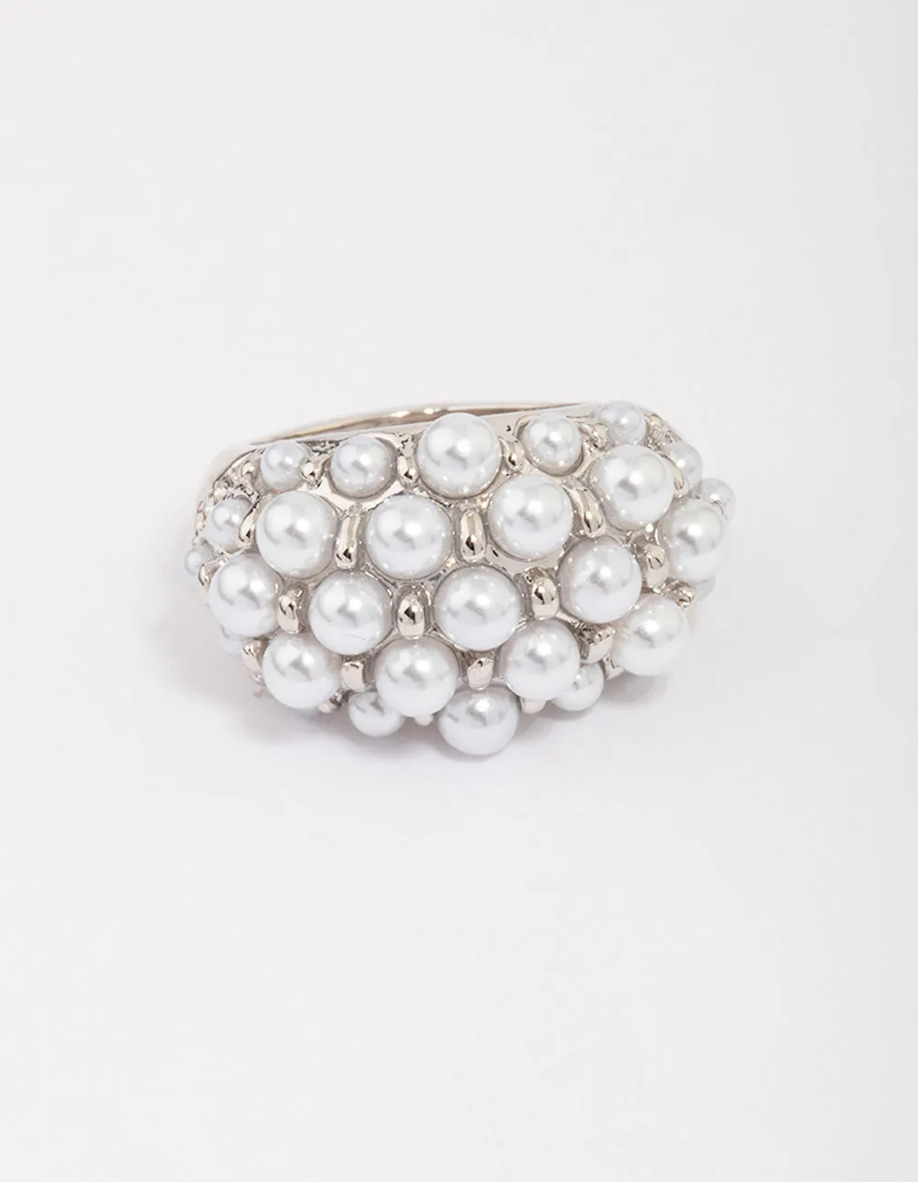 Rhodium Domed Pearl Cocktail Ring