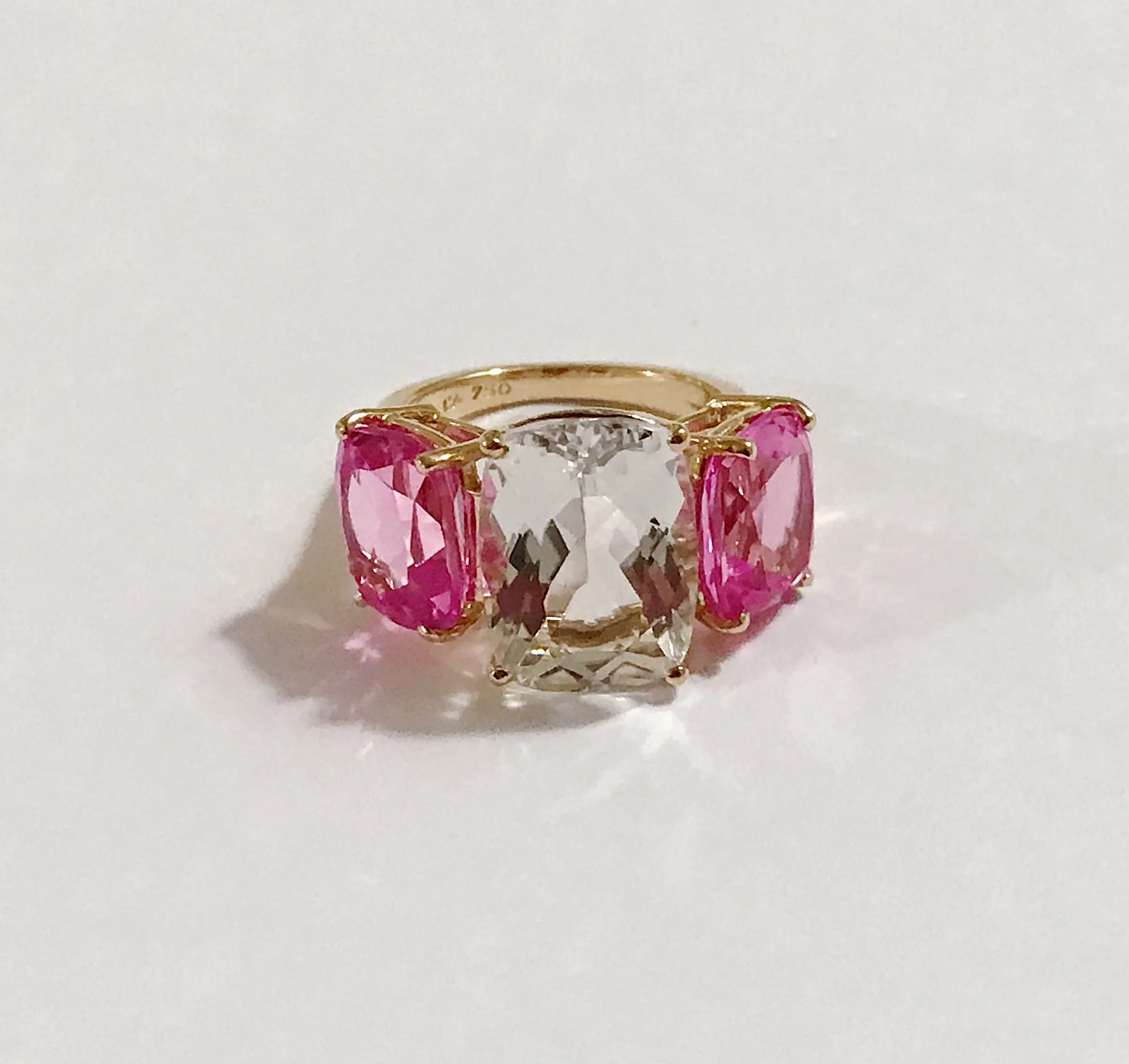 Rock Crystal and Hot Pink Topaz Yellow Gold Three-Stone Cushion Ring