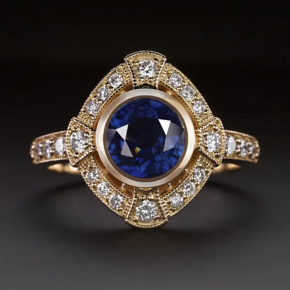 SAPPHIRE DIAMOND COCKTAIL RING VINTAGE STYLE HALO ART DECO 14k YELLOW GOLD ROUND