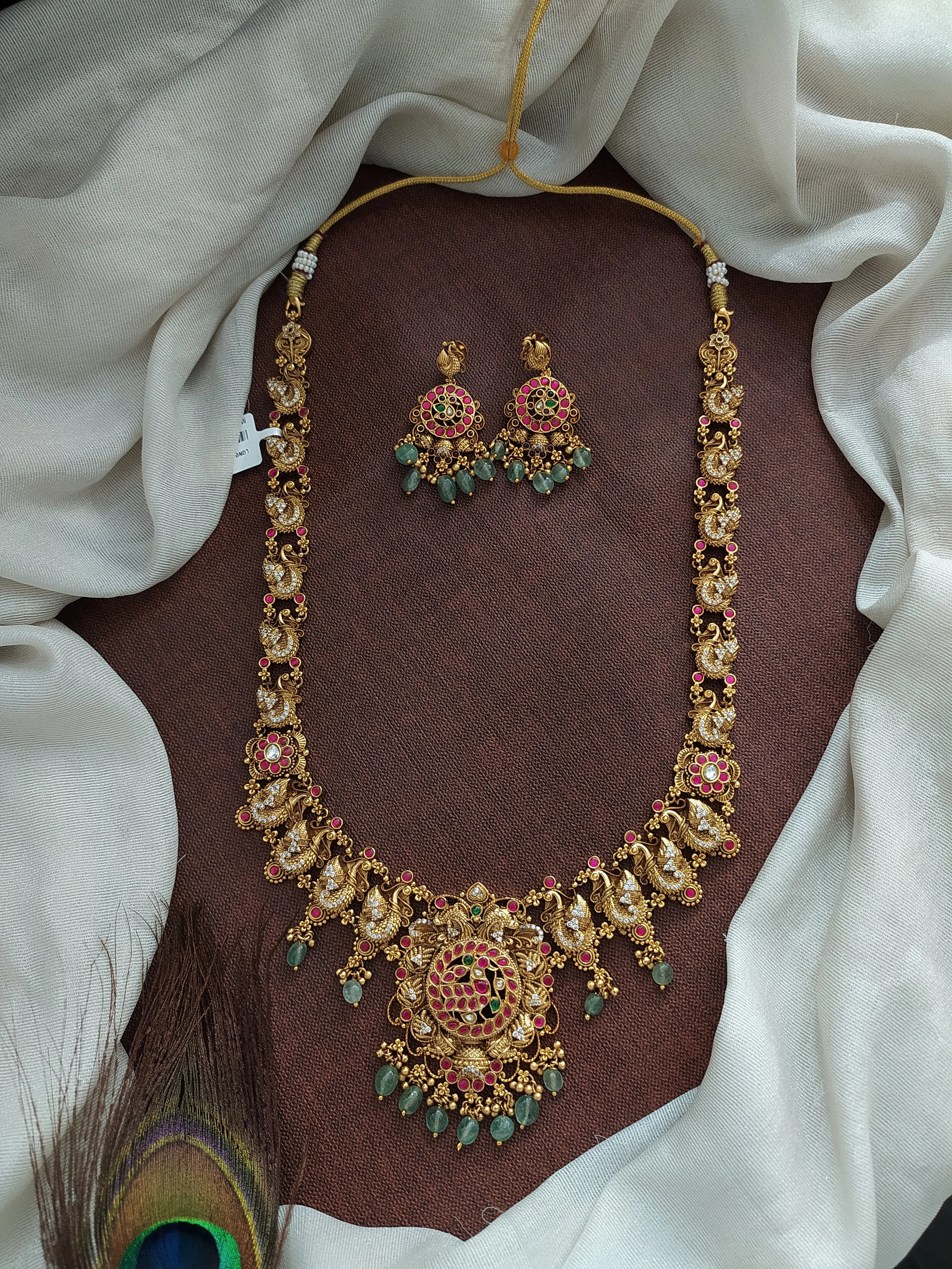 Silver Replica Antique Long Haram Set with Peacock Designs, Zircon, and Kundan Stones