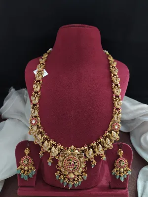 Silver Replica Antique Long Haram Set with Peacock Designs, Zircon, and Kundan Stones