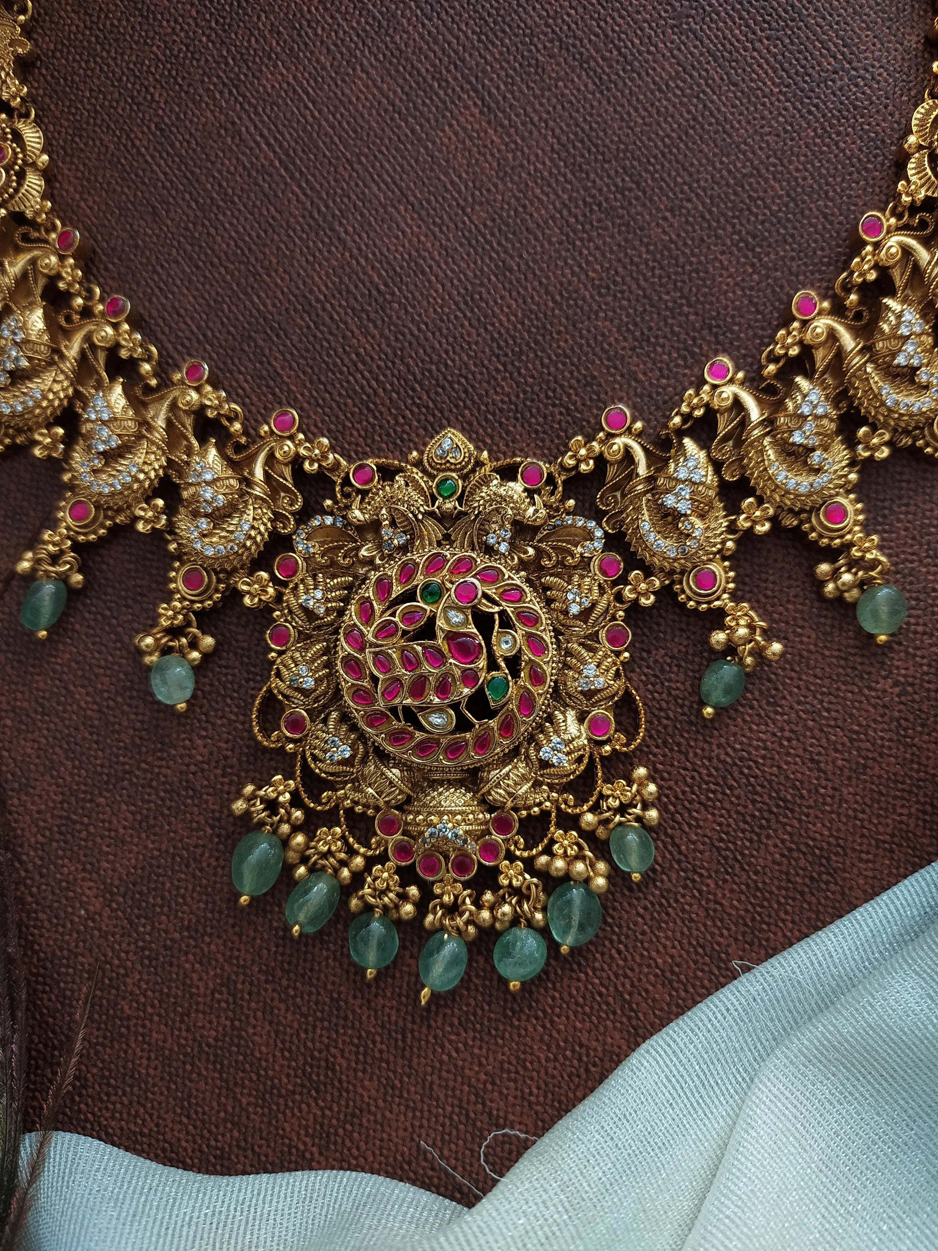 Silver Replica Antique Long Haram Set with Peacock Designs, Zircon, and Kundan Stones