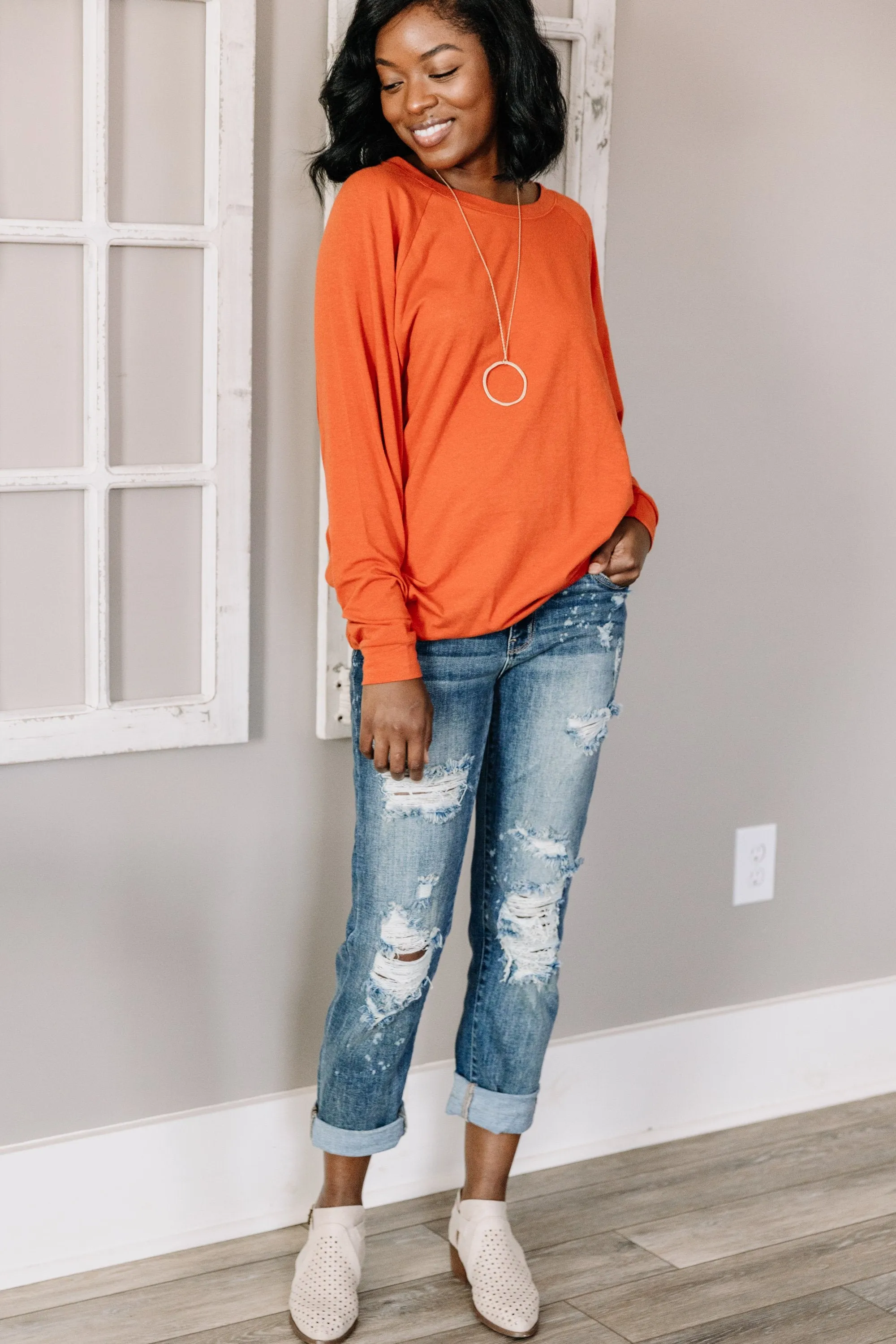 Slouchy Dolman Rust Orange Long Sleeve Tunic