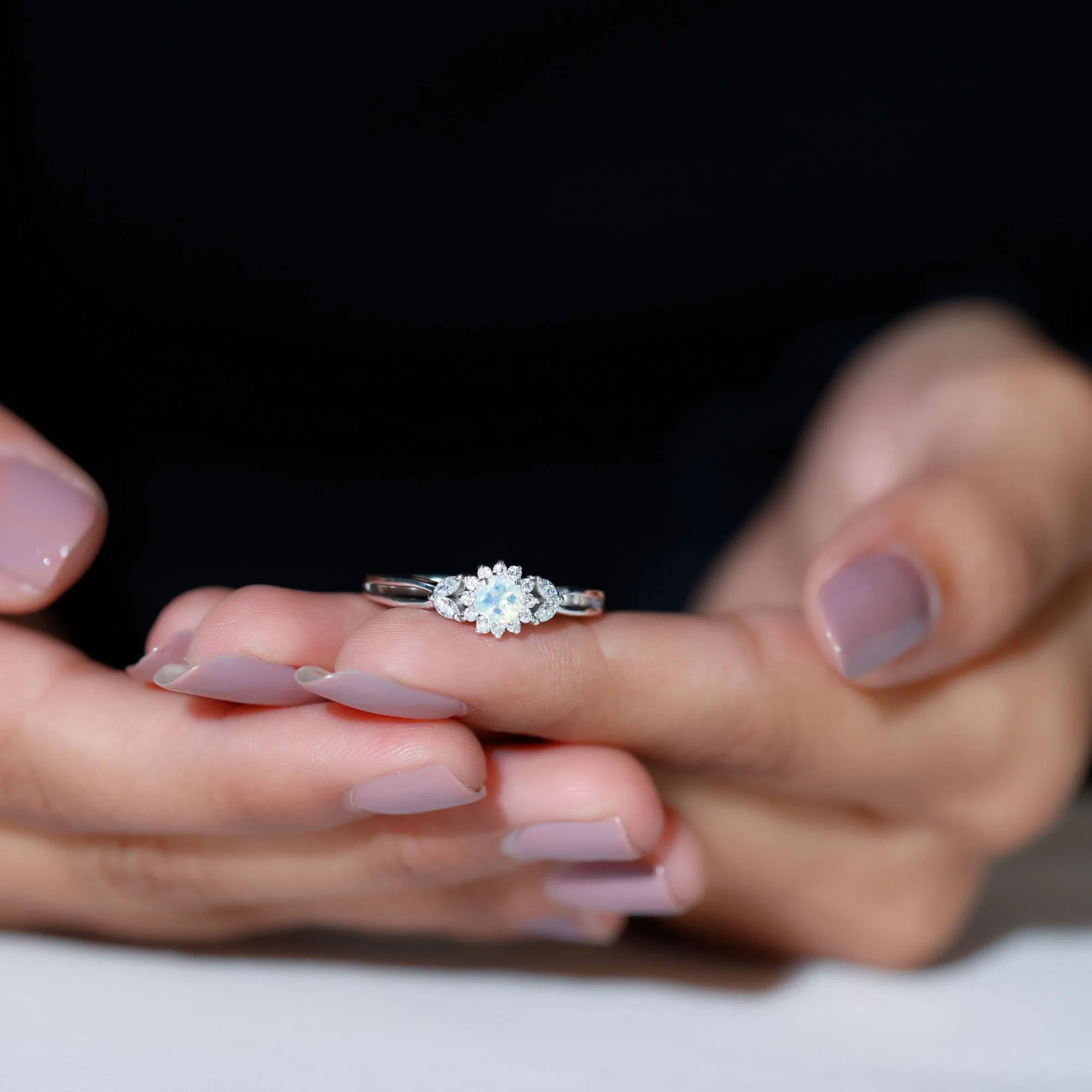 Split Shank Ethiopian Opal Flower Engagement Ring with Diamond