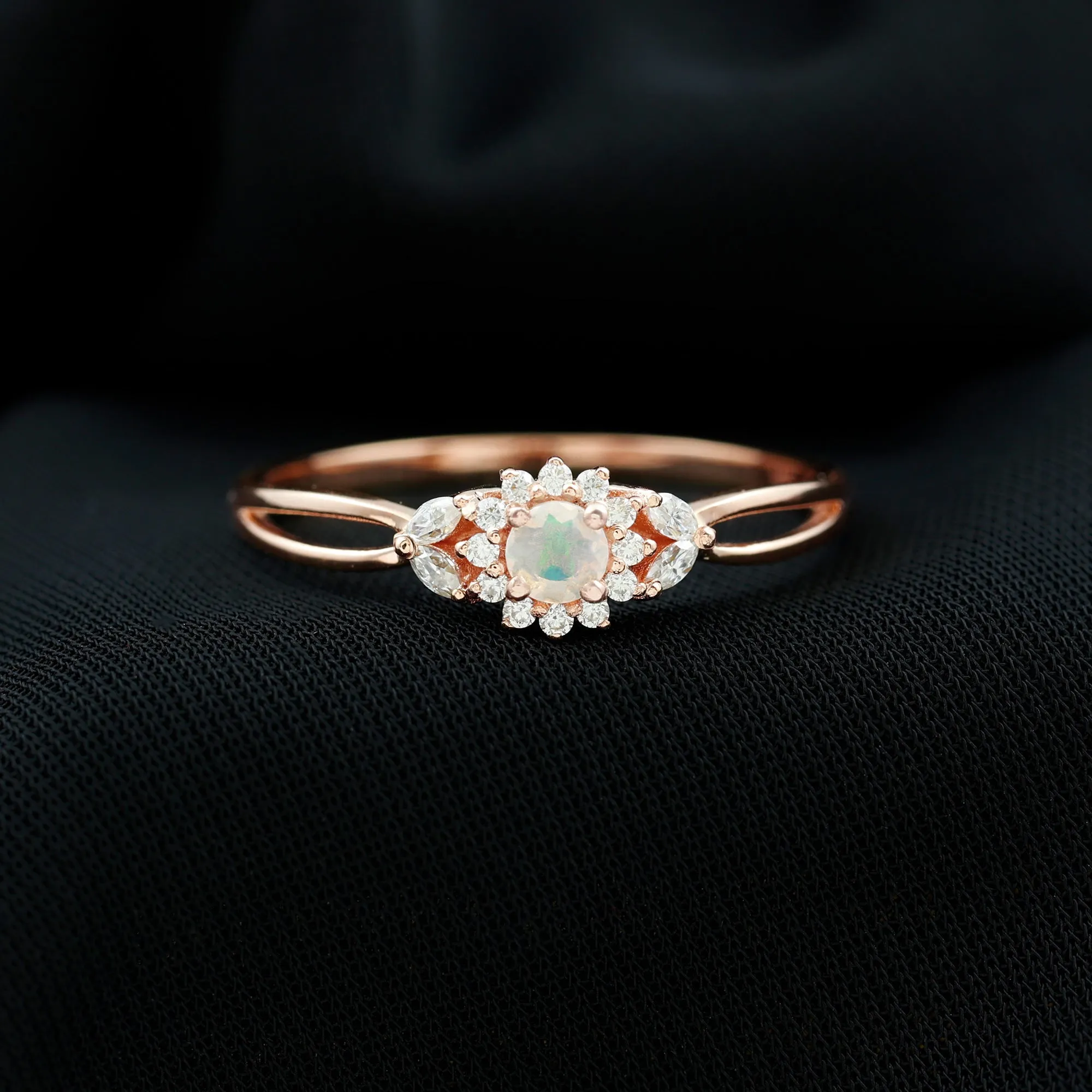 Split Shank Ethiopian Opal Flower Engagement Ring with Diamond