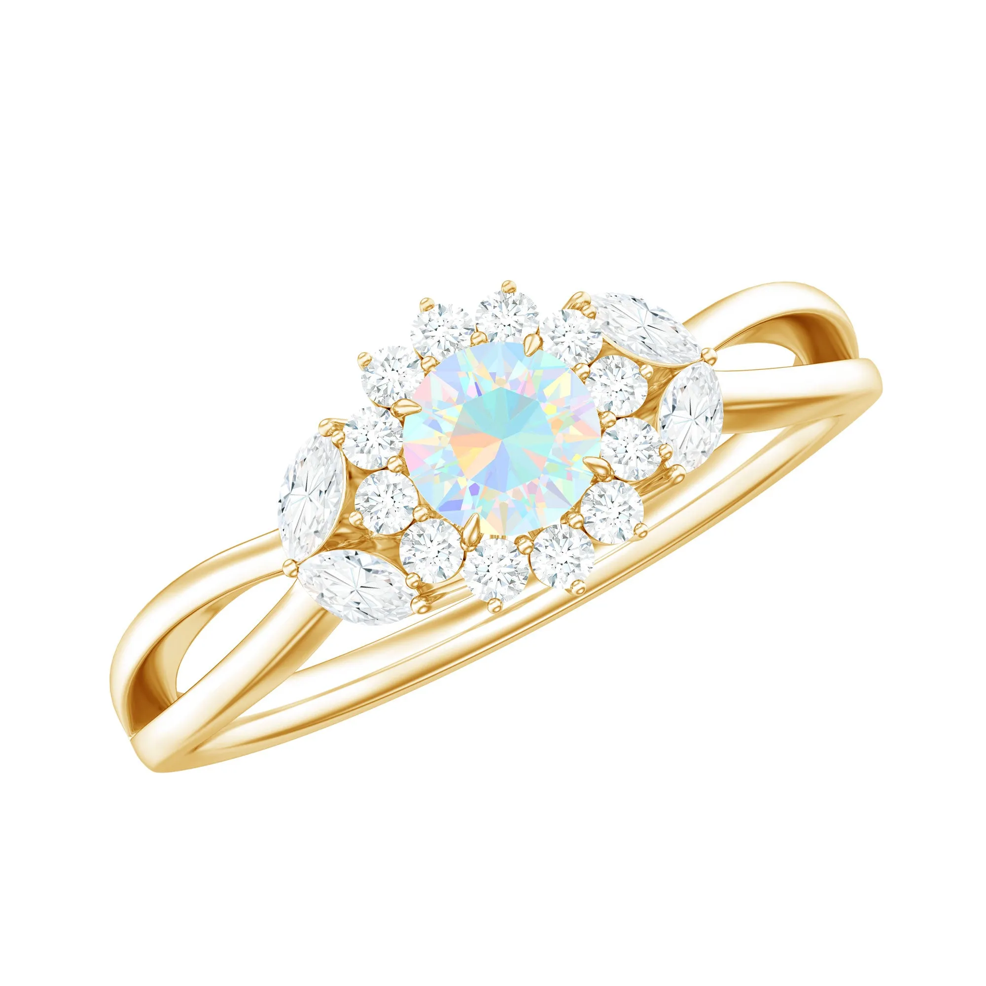 Split Shank Ethiopian Opal Flower Engagement Ring with Diamond