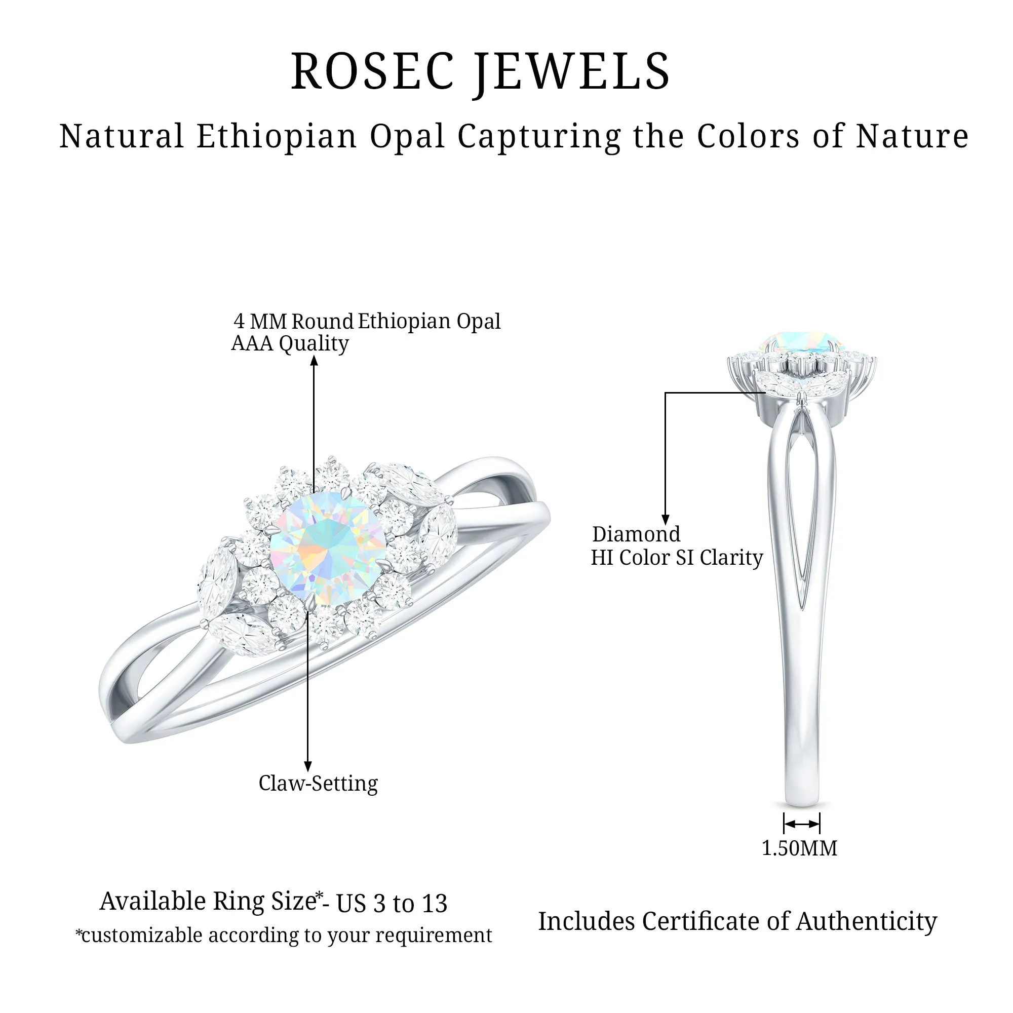 Split Shank Ethiopian Opal Flower Engagement Ring with Diamond