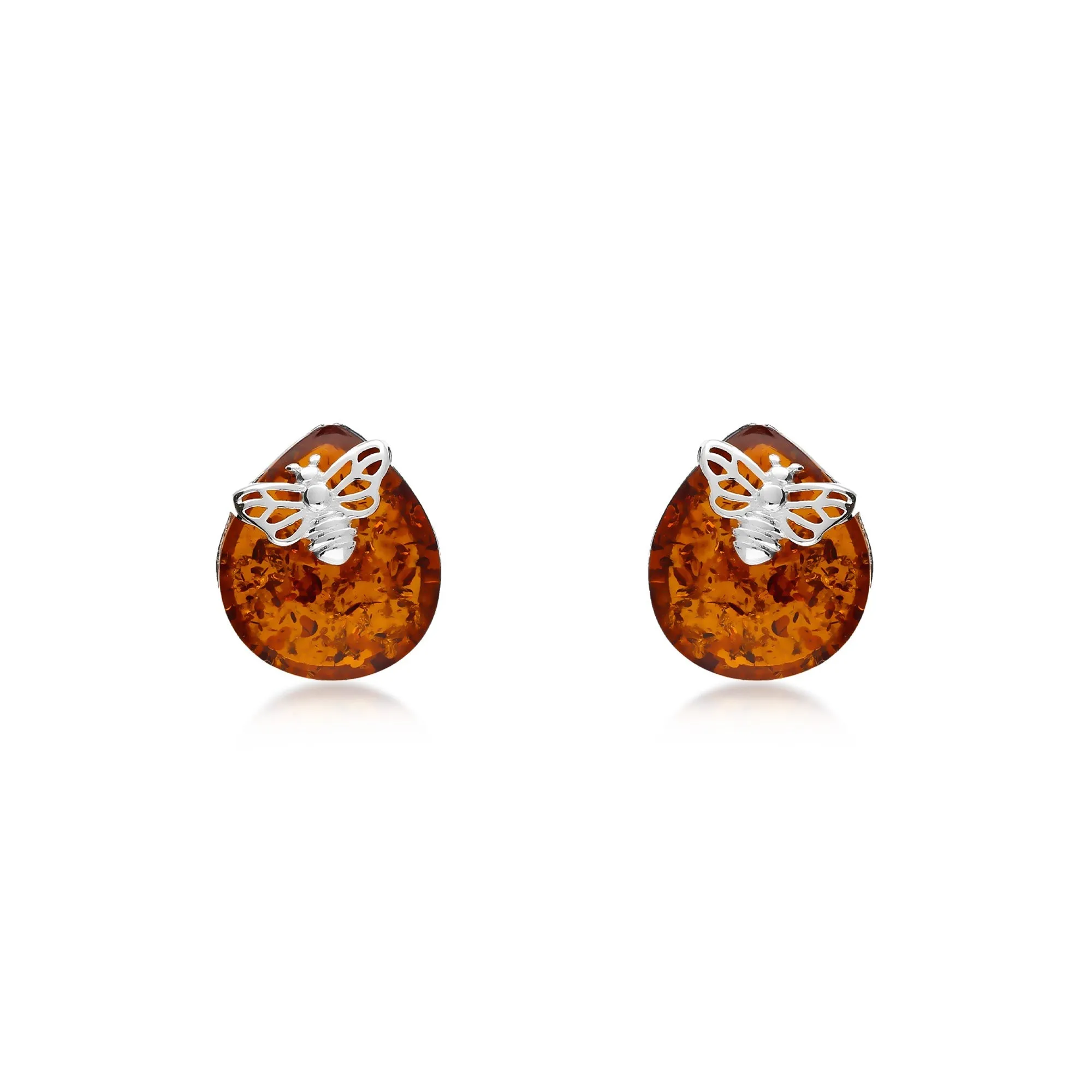 Sterling Silver Amber Bee Teardrop Stud Earrings