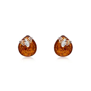 Sterling Silver Amber Bee Teardrop Stud Earrings