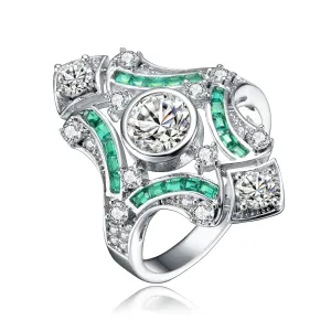 Sterling Silver Emerald Cubic Zirconia Geometrical Cocktails Ring