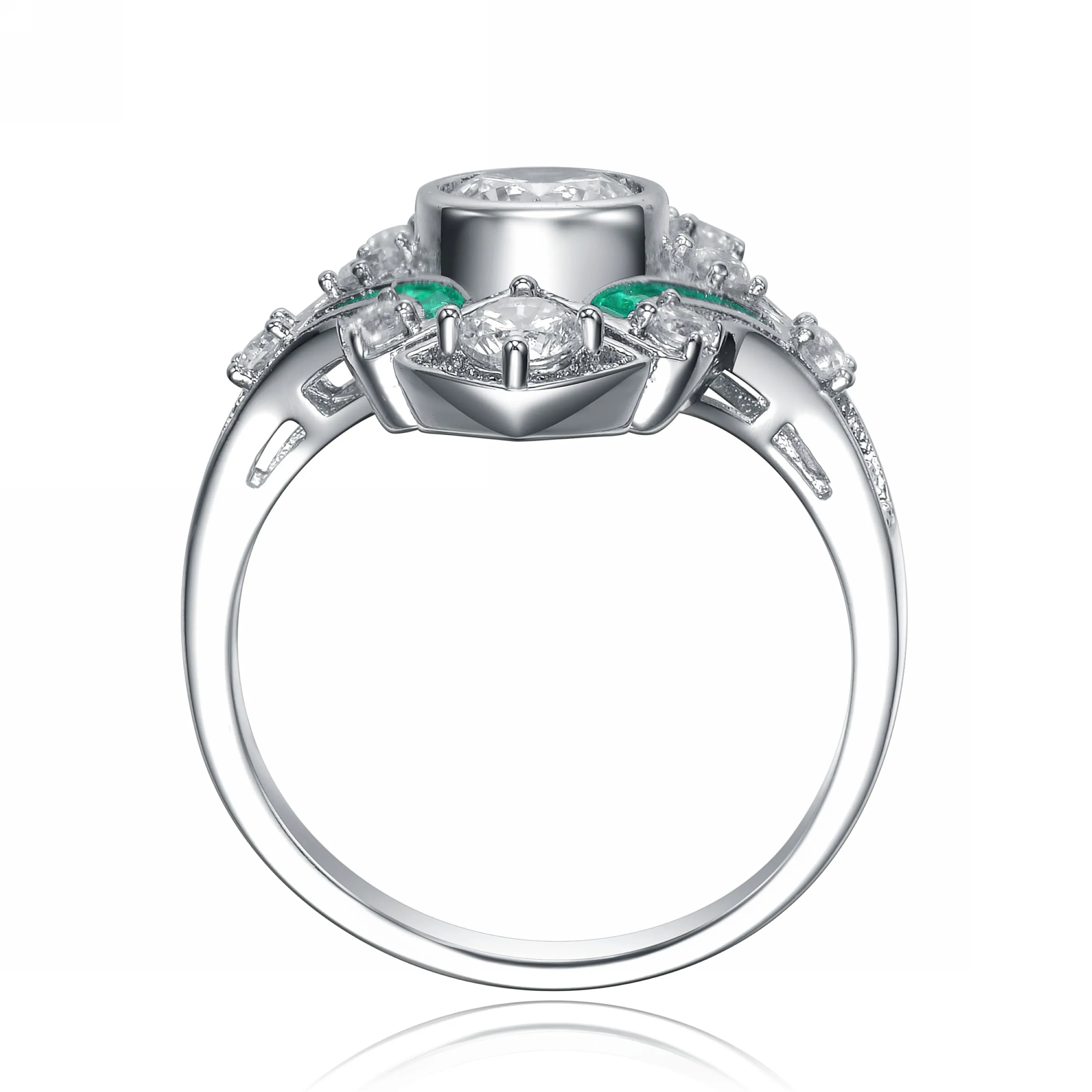 Sterling Silver Emerald Cubic Zirconia Geometrical Cocktails Ring