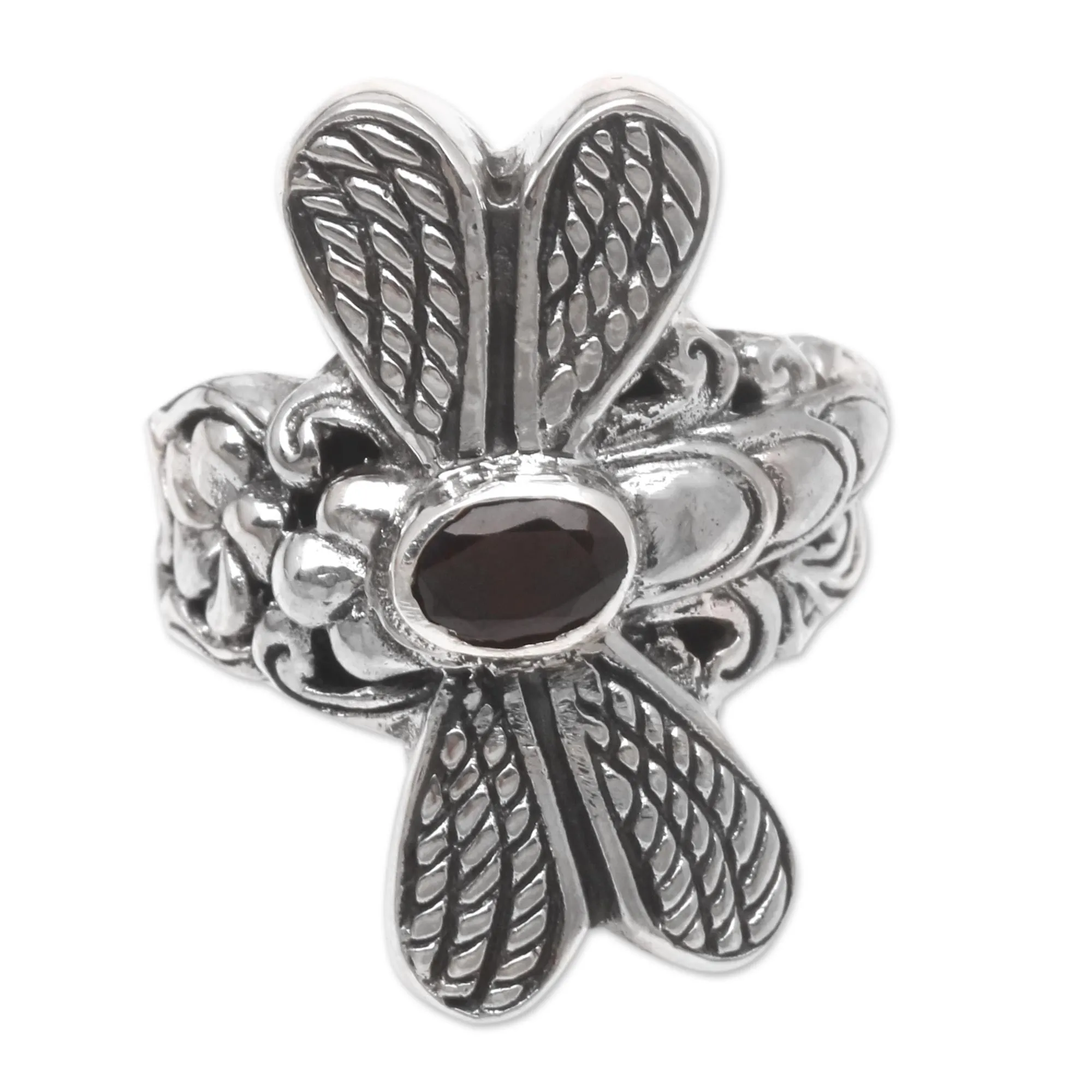 Sterling Silver Garnet Cocktail Ring with Dragonfly Motif - Dreaming Dragonfly | NOVICA