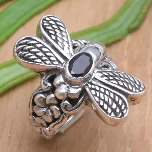 Sterling Silver Garnet Cocktail Ring with Dragonfly Motif - Dreaming Dragonfly | NOVICA