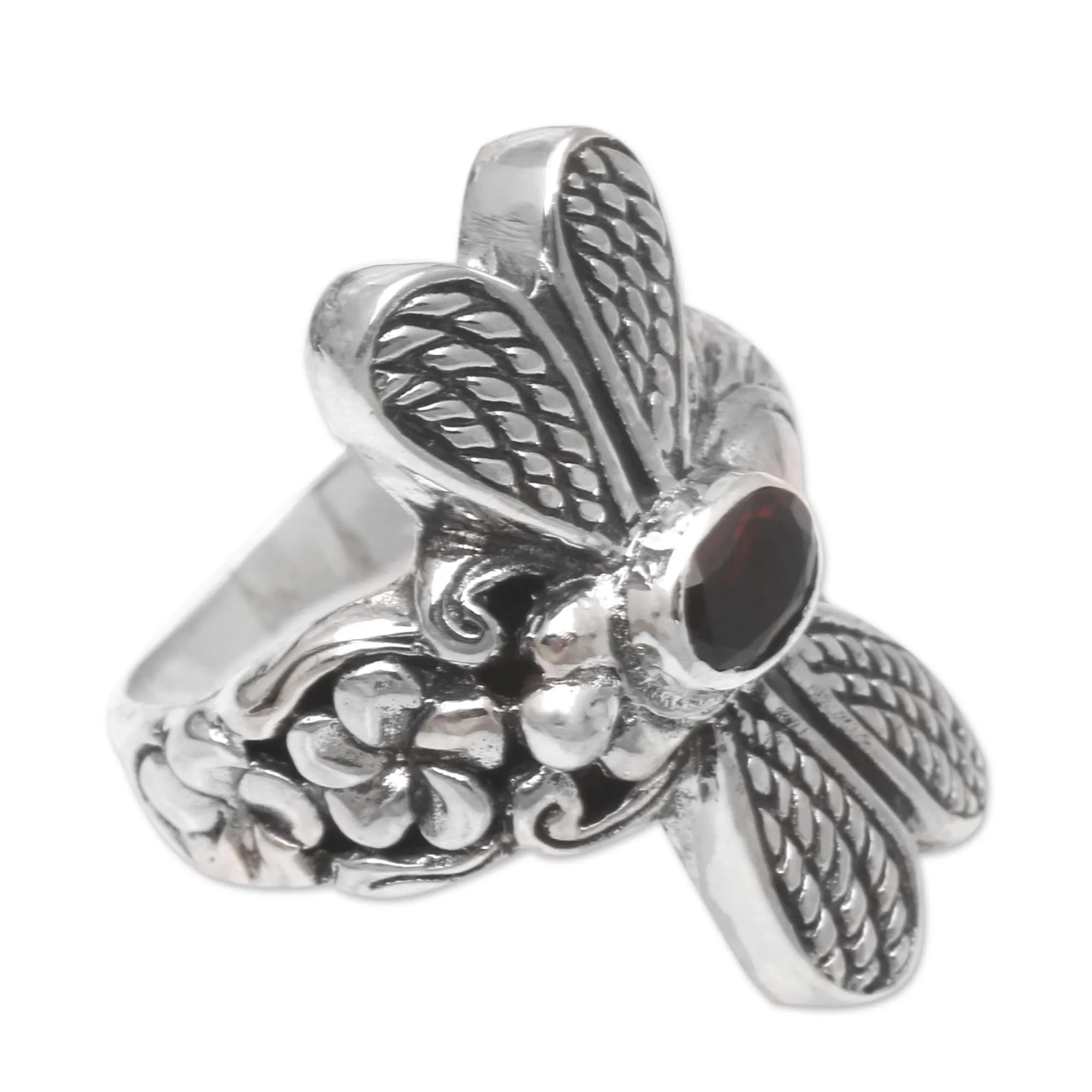 Sterling Silver Garnet Cocktail Ring with Dragonfly Motif - Dreaming Dragonfly | NOVICA