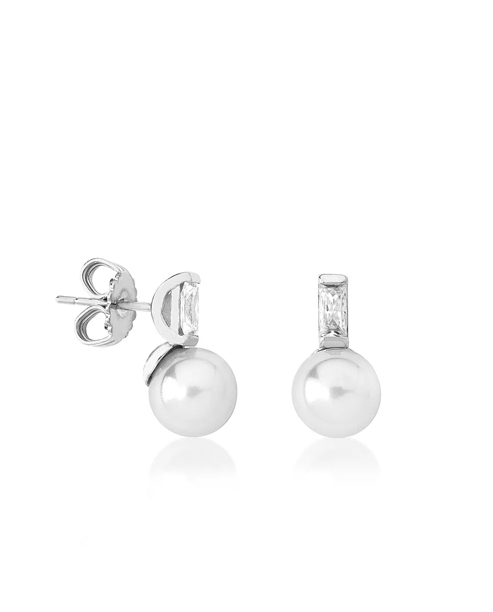 Sterling Silver Rhodium Plated Earrings, for Women with Short Post and Organic Pearl, 8mm Round White Pearl and Zircon, Selene   Collection