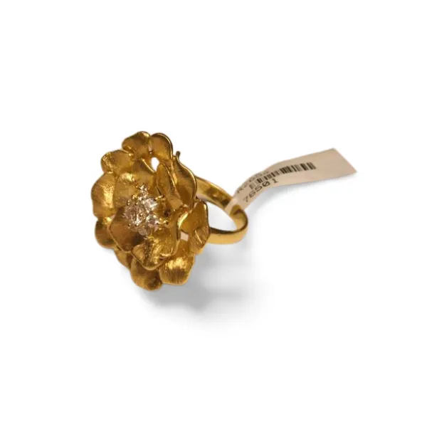 Stunning 14K Yellow Brushed Gold Diamond Floral Flower Cocktail Ring